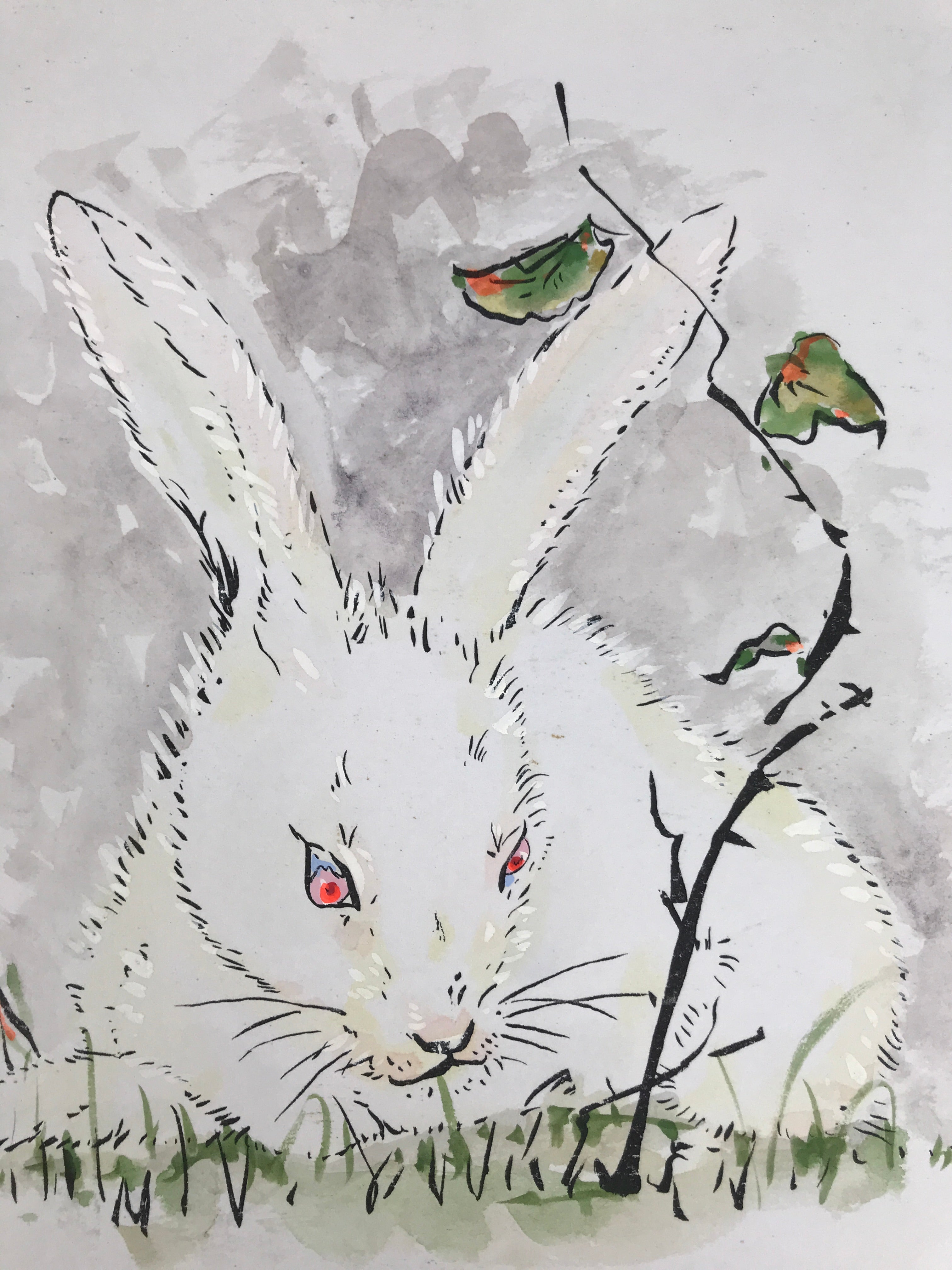 Japanese Shikishi Art Board Painting Vtg Rabbit Eto Zodiac White Red A697