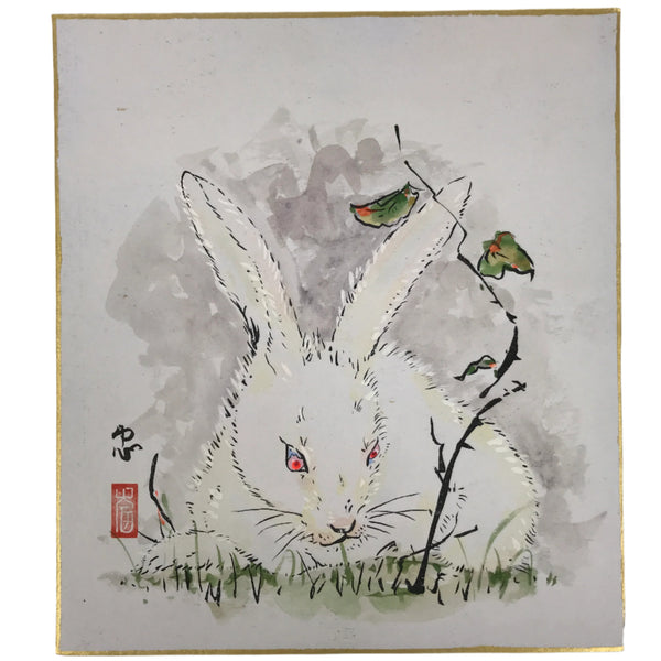 Japanese Shikishi Art Board Painting Vtg Rabbit Eto Zodiac White Red A ...