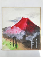 Japanese Shikishi Art Board Painting Vtg Red Fuji Mountain Trees A702