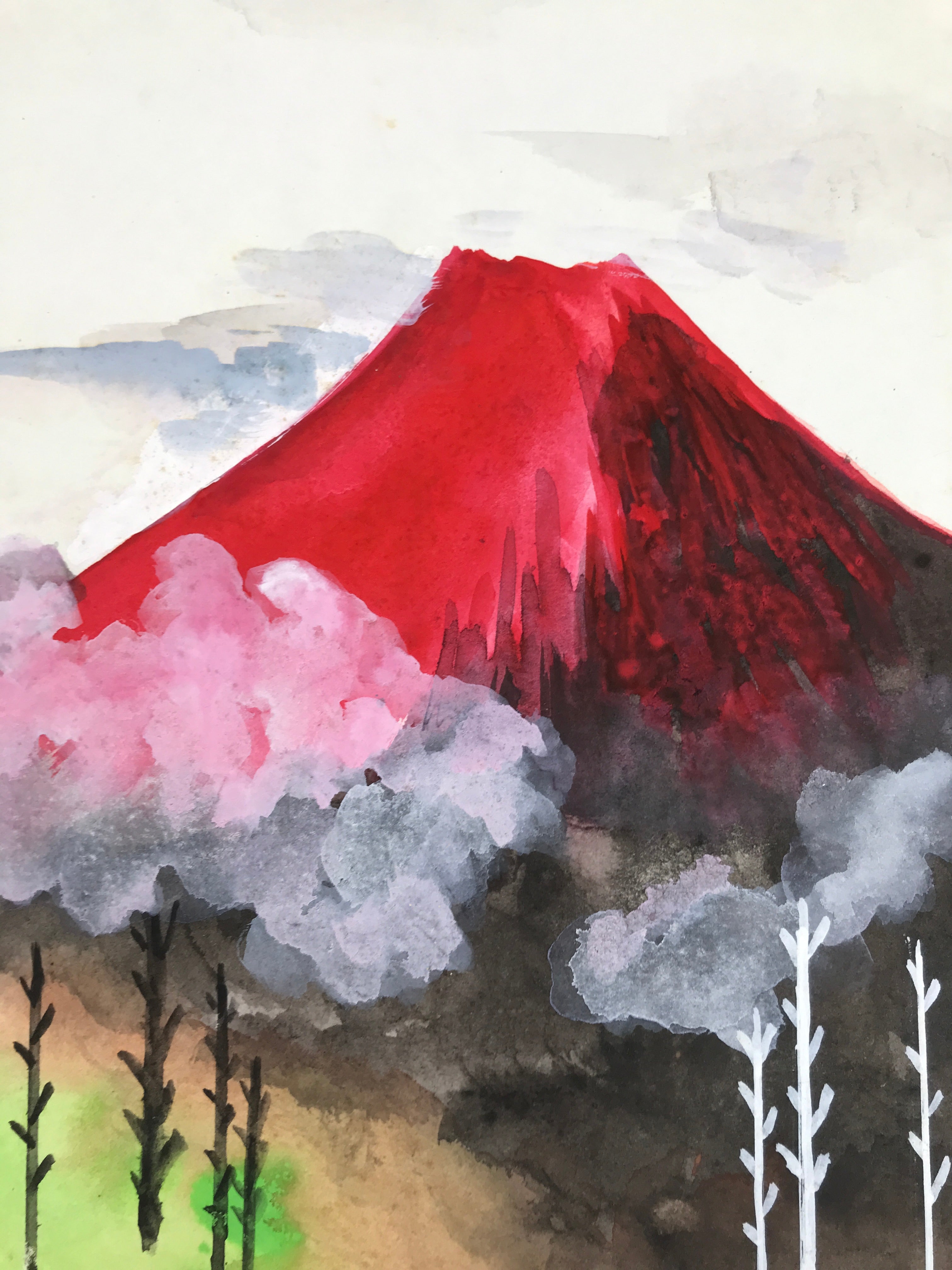 Japanese Shikishi Art Board Painting Vtg Red Fuji Mountain Trees A702
