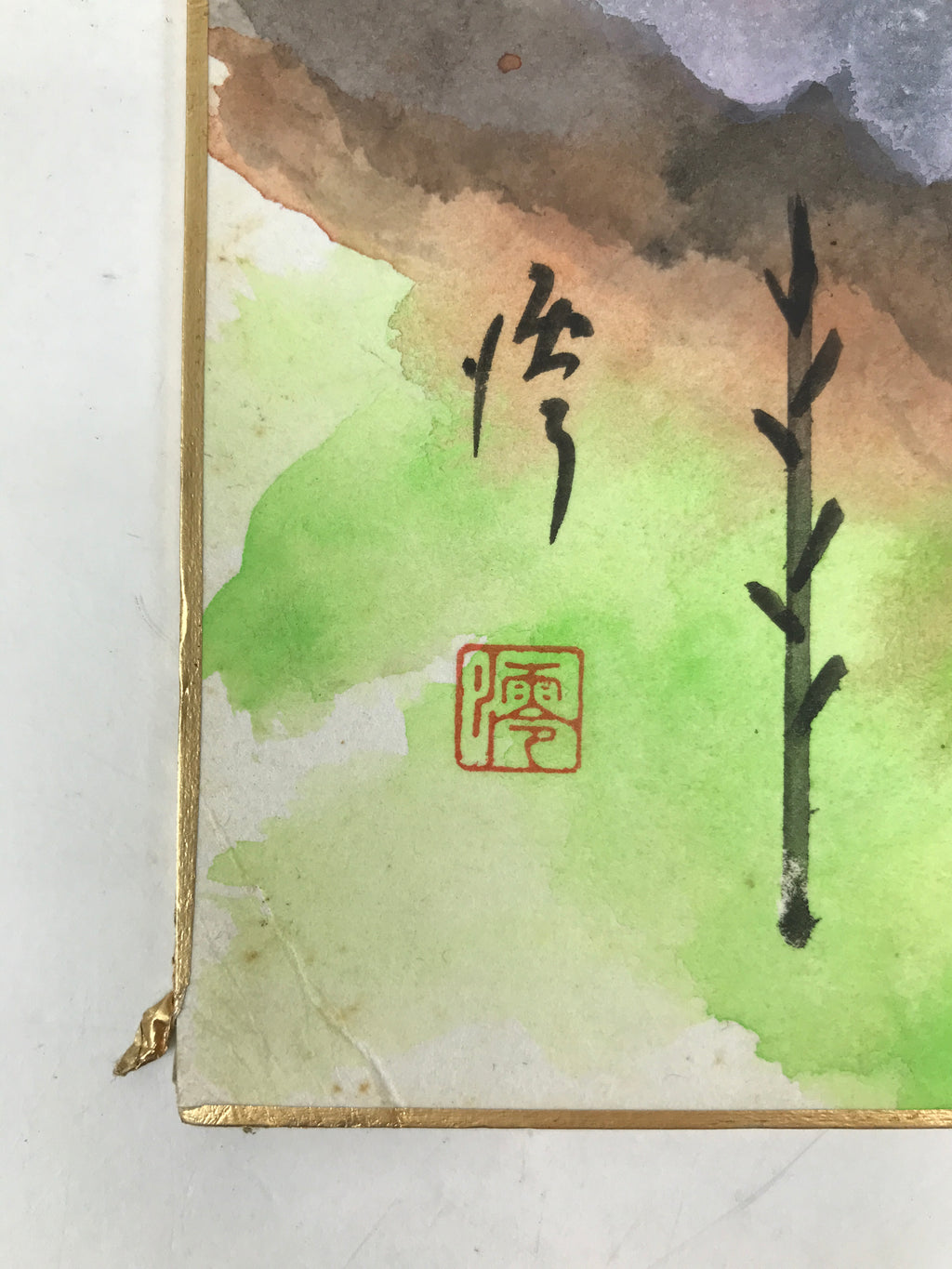 Japanese Shikishi Art Board Painting Vtg Red Fuji Mountain Trees A702
