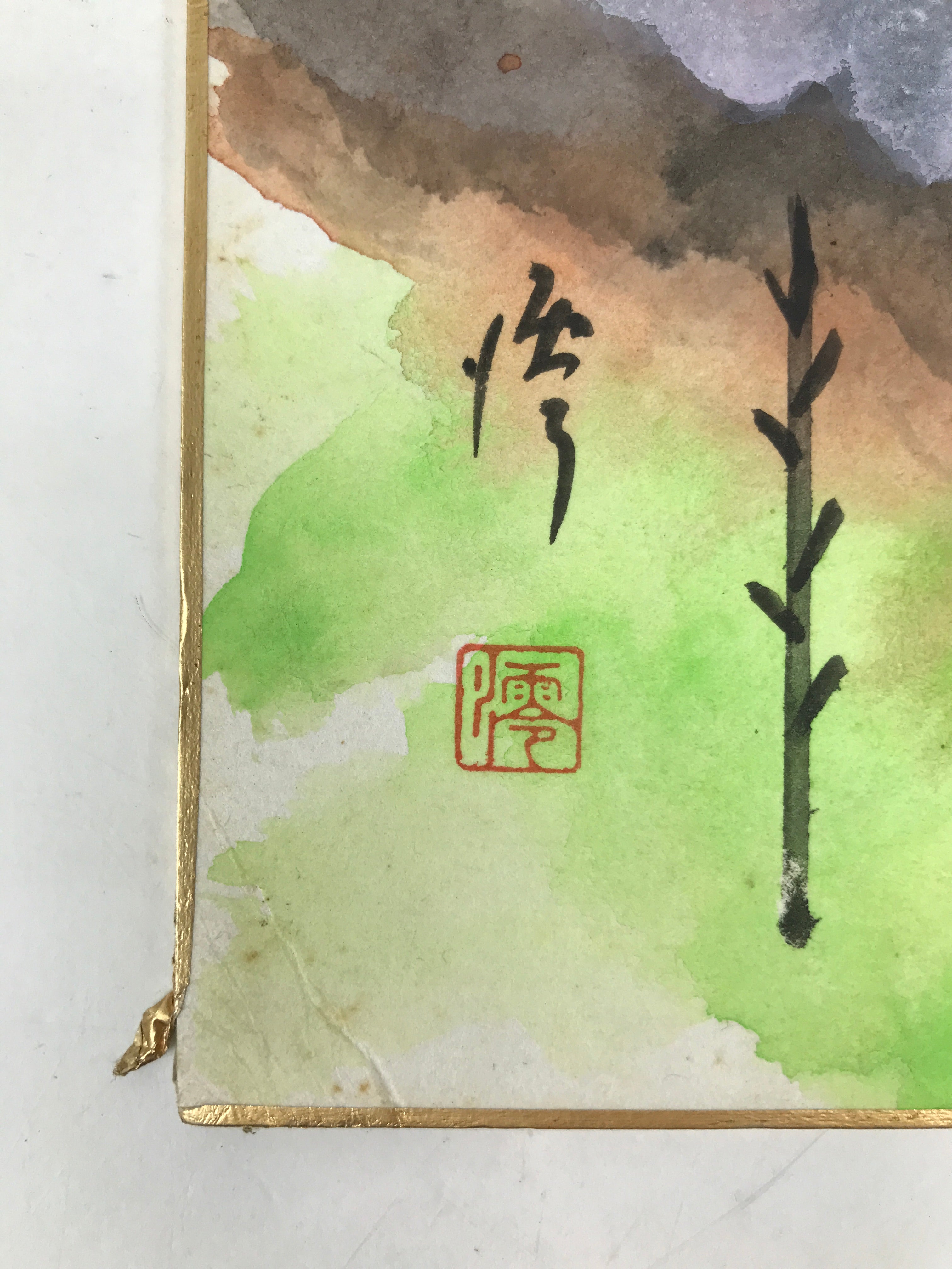 Japanese Shikishi Art Board Painting Vtg Red Fuji Mountain Trees A702