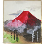 Japanese Shikishi Art Board Painting Vtg Red Fuji Mountain Trees A702