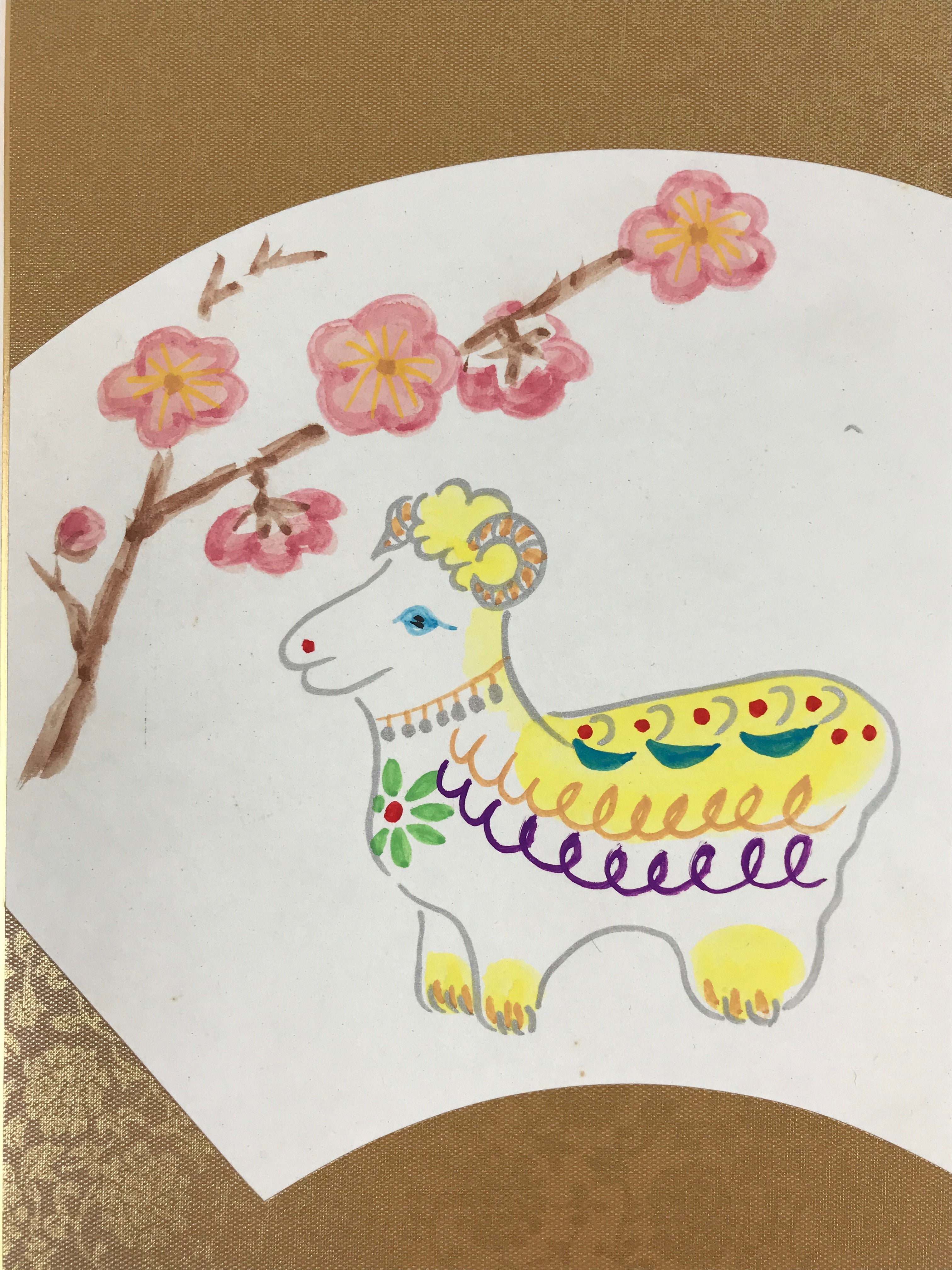 Japanese Shikishi Art Board Painting Vtg Sheep Plum Flowers Zodiac Animal A551