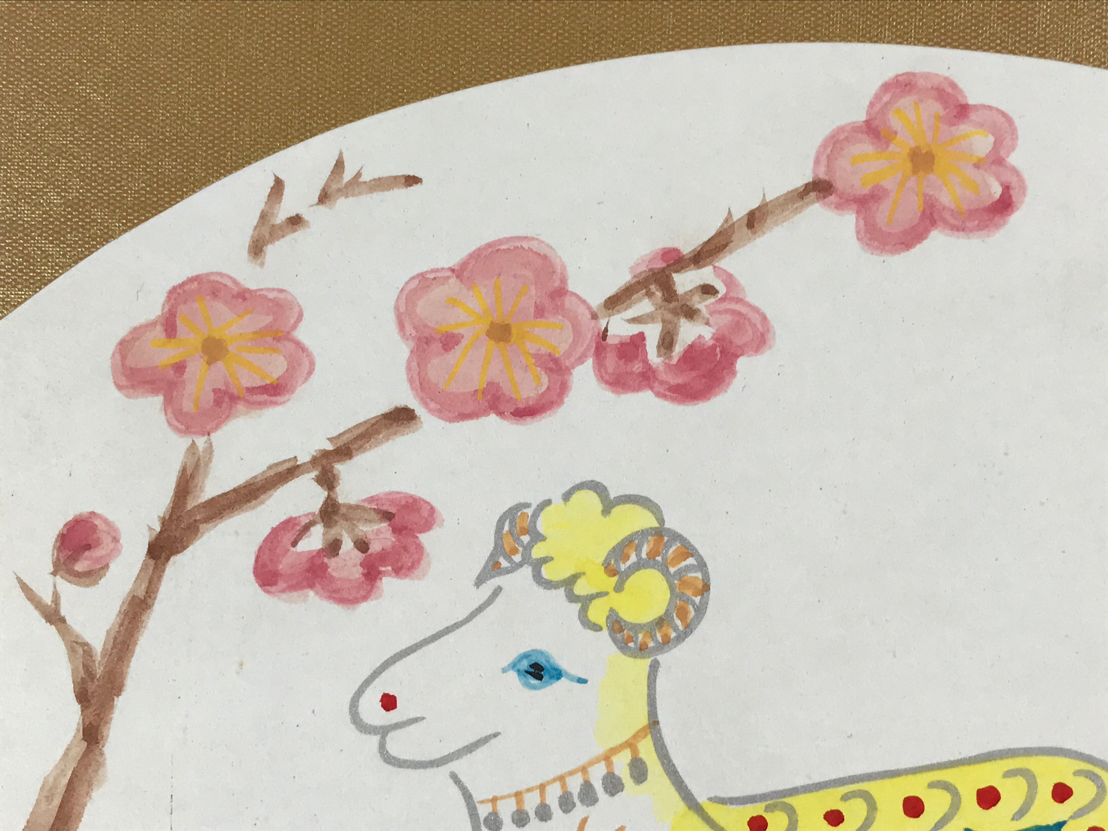 Japanese Shikishi Art Board Painting Vtg Sheep Plum Flowers Zodiac Animal A551
