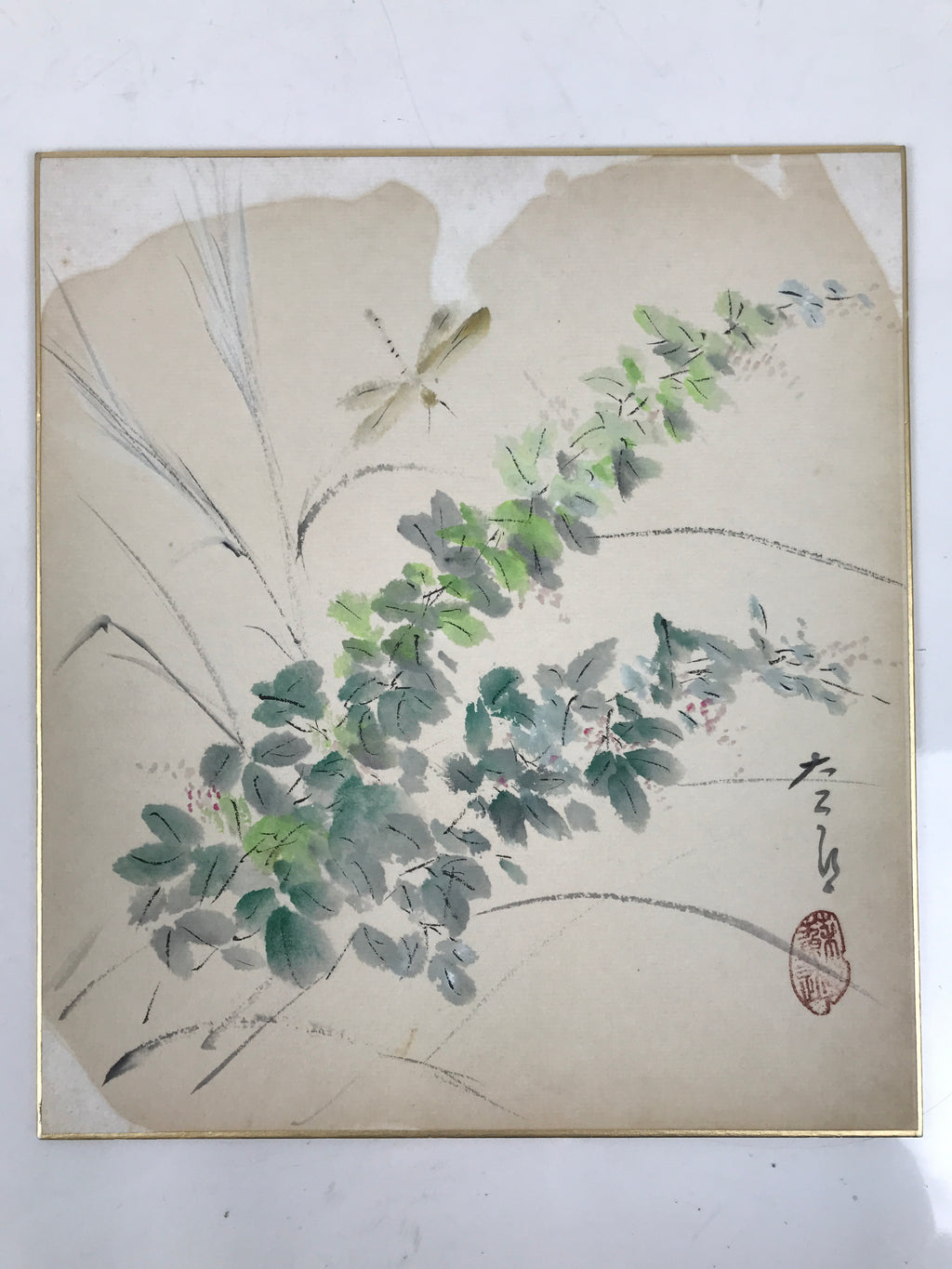 Japanese Shikishi Art Board Painting Vtg Summer Grass Dragonfly Green A701