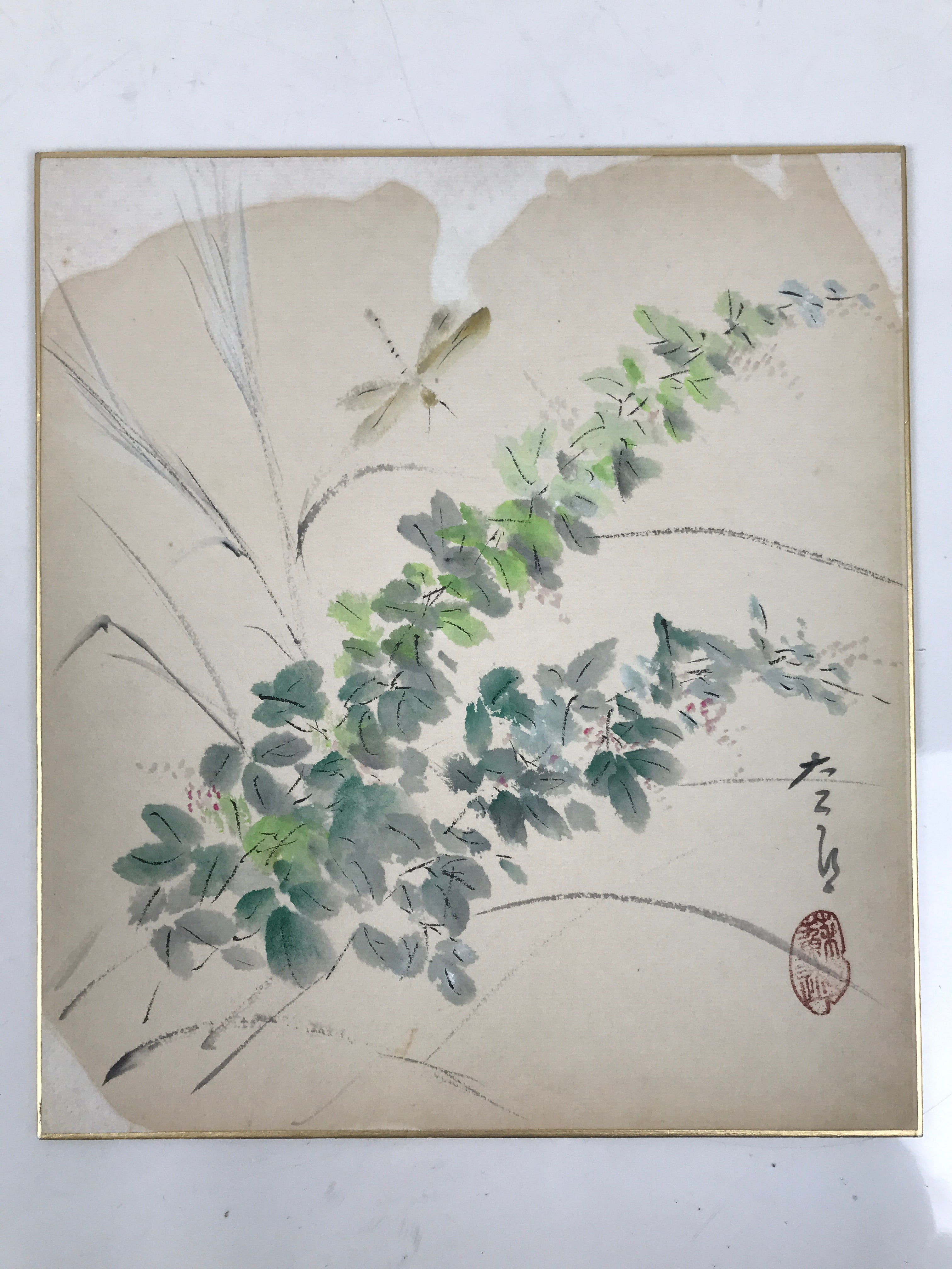 Japanese Shikishi Art Board Painting Vtg Summer Grass Dragonfly Green A701