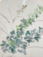 Japanese Shikishi Art Board Painting Vtg Summer Grass Dragonfly Green A701
