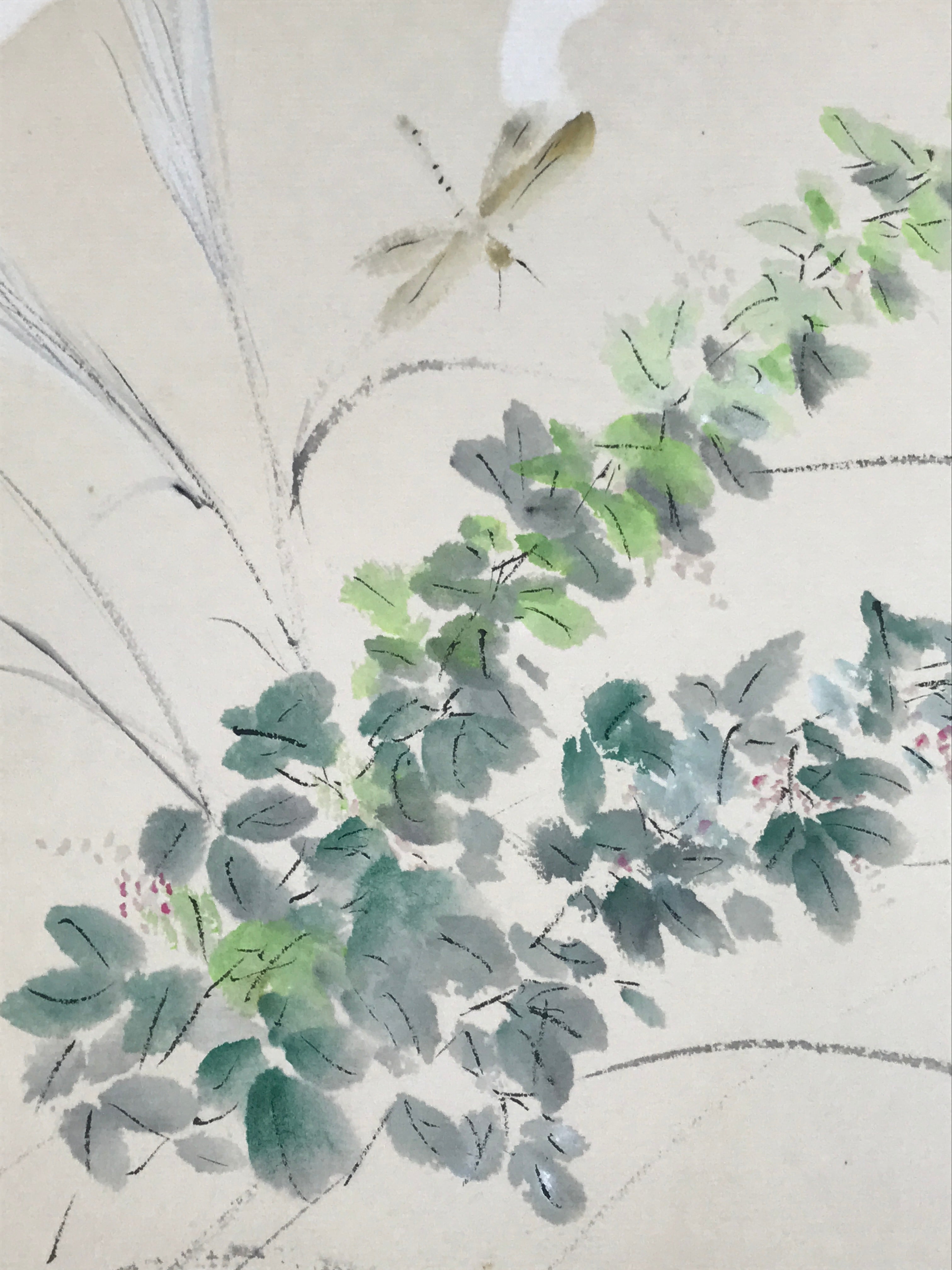 Japanese Shikishi Art Board Painting Vtg Summer Grass Dragonfly Green A701