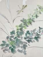 Japanese Shikishi Art Board Painting Vtg Summer Grass Dragonfly Green A701