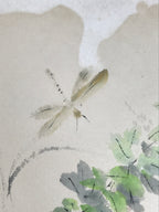 Japanese Shikishi Art Board Painting Vtg Summer Grass Dragonfly Green A701