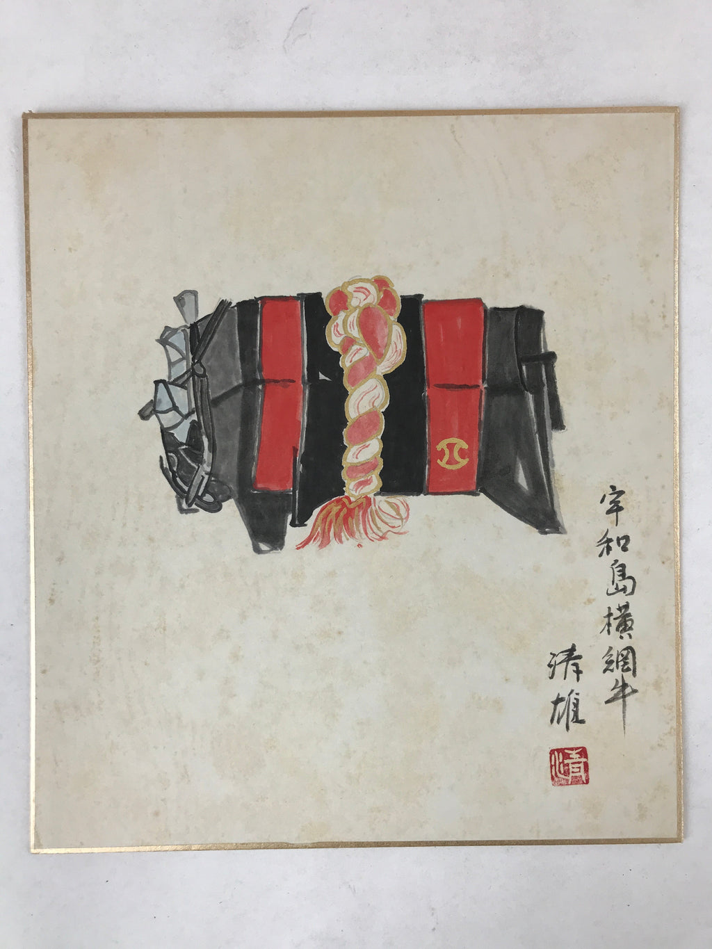 Japanese Shikishi Art Board Painting Yokozuna Beef Uwajima Bullfighting A582