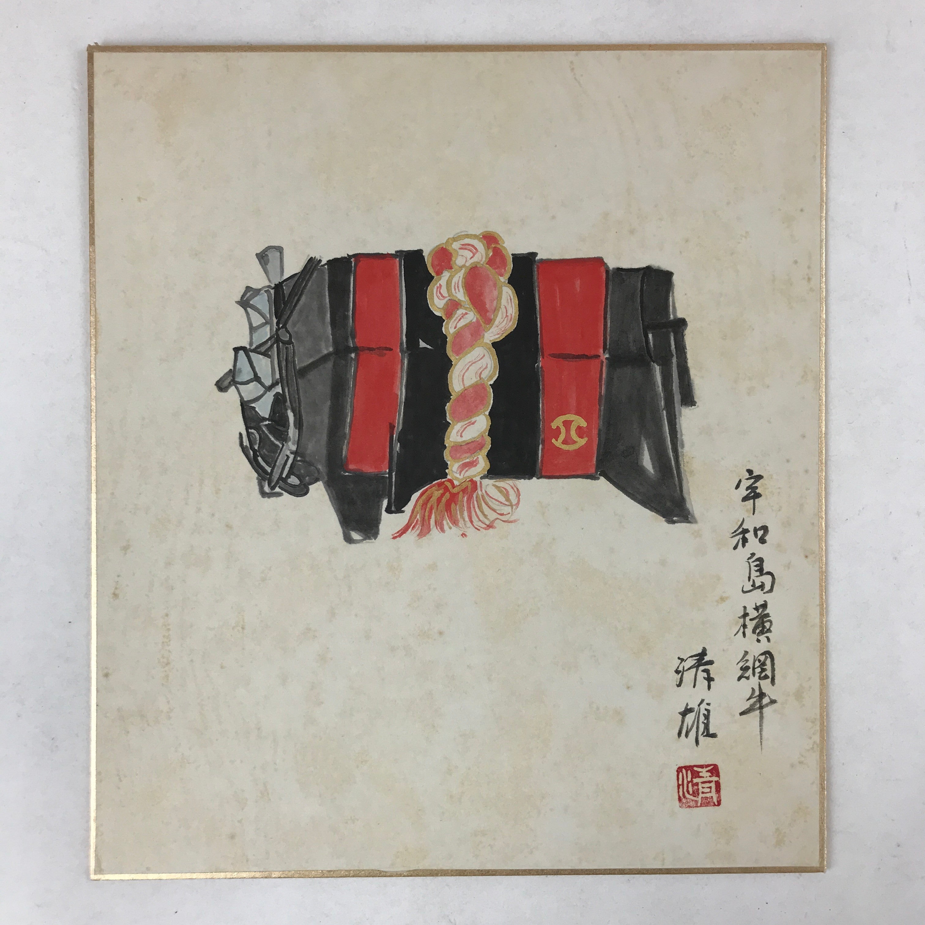 Japanese Shikishi Art Board Painting Yokozuna Beef Uwajima Bullfighting A582