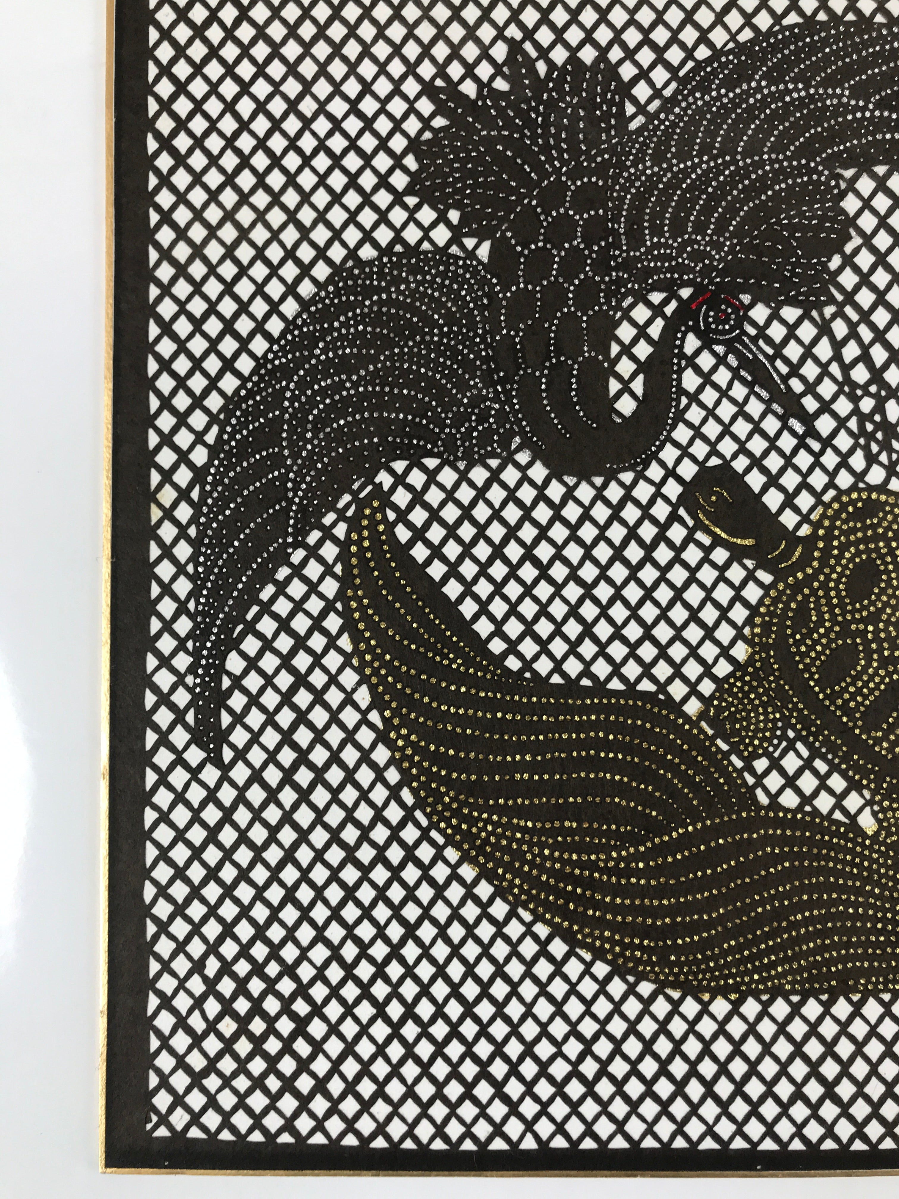 Japanese Shikishi Art Board Picture Vtg Katagami Stencil Crane Turtle Brown A651