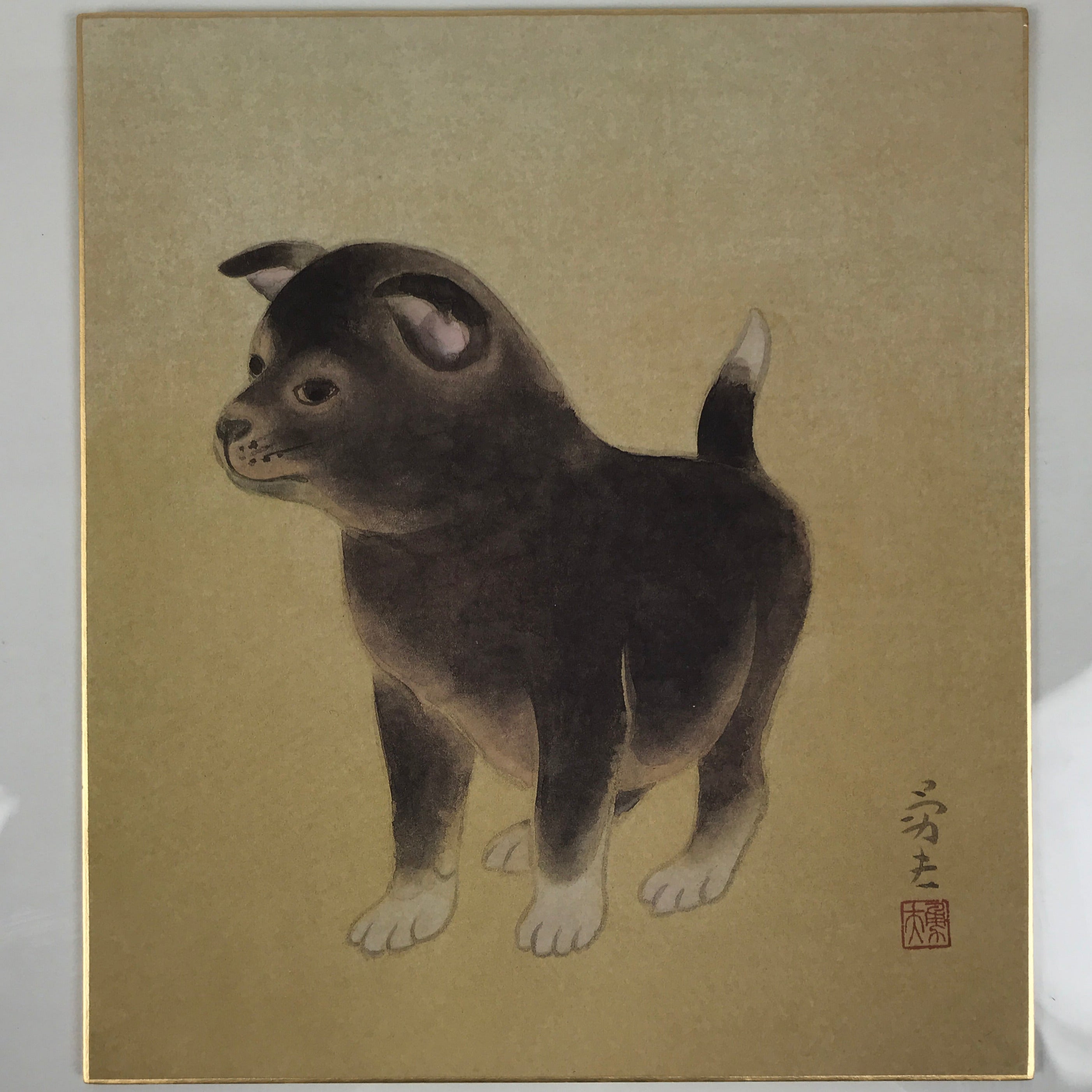 Japanese Shikishi Art Board Reproduction Black Shiba Inu Puppy Dog