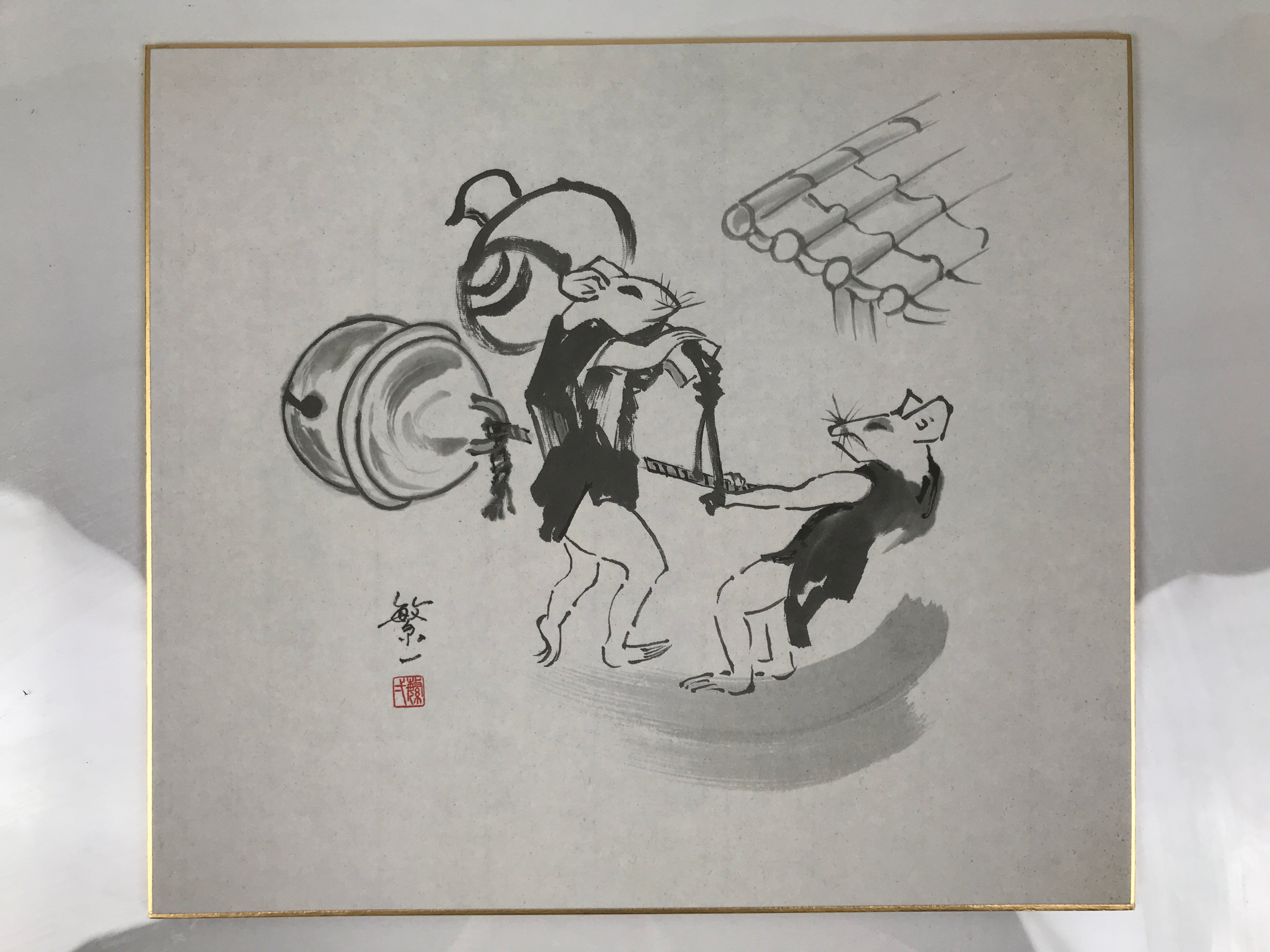Japanese Shikishi Art Board Reproduction Mouse Kimono Bell Mallet Black A812