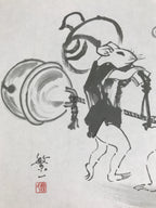 Japanese Shikishi Art Board Reproduction Mouse Kimono Bell Mallet Black A812
