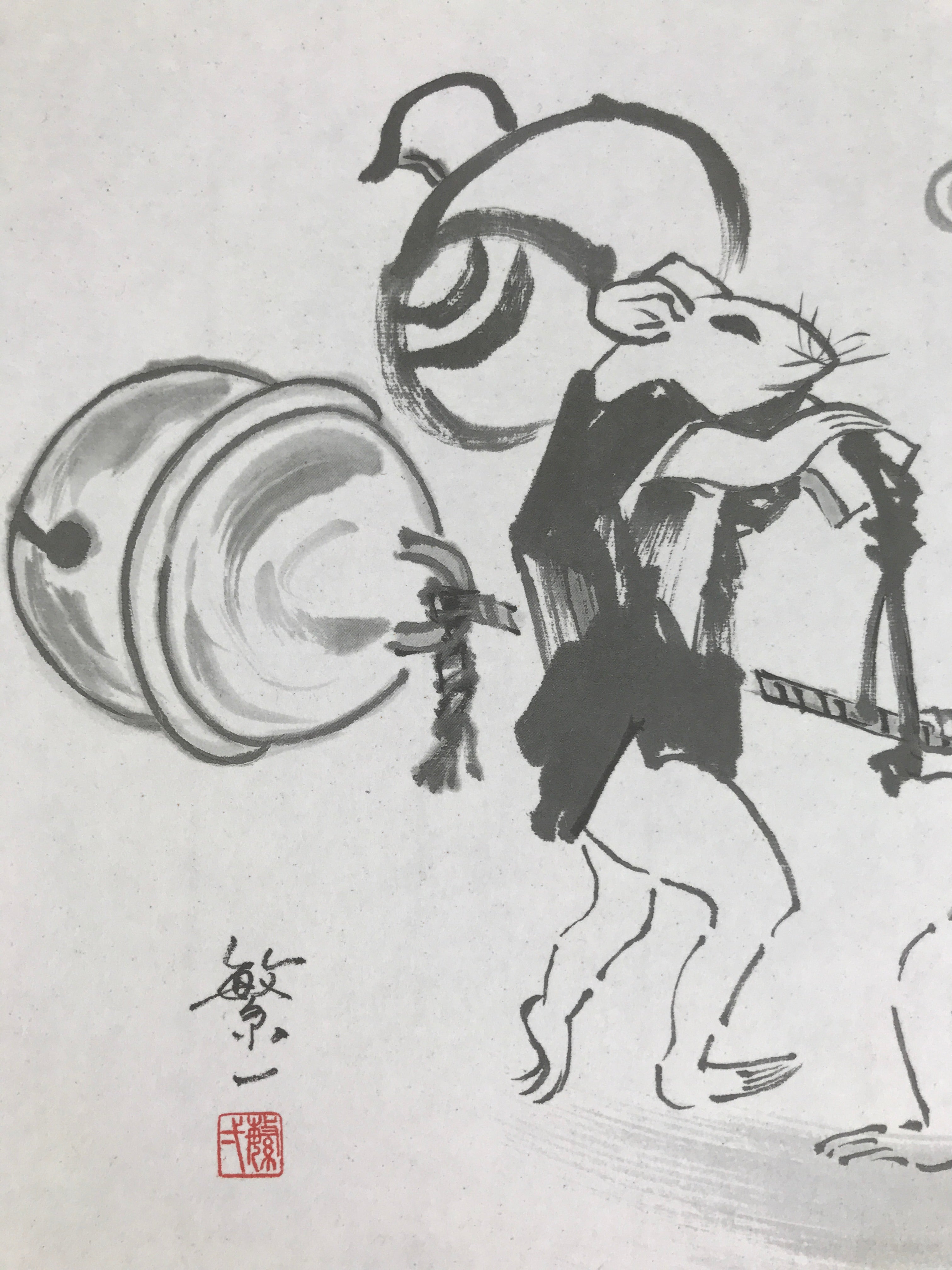 Japanese Shikishi Art Board Reproduction Mouse Kimono Bell Mallet Black A812