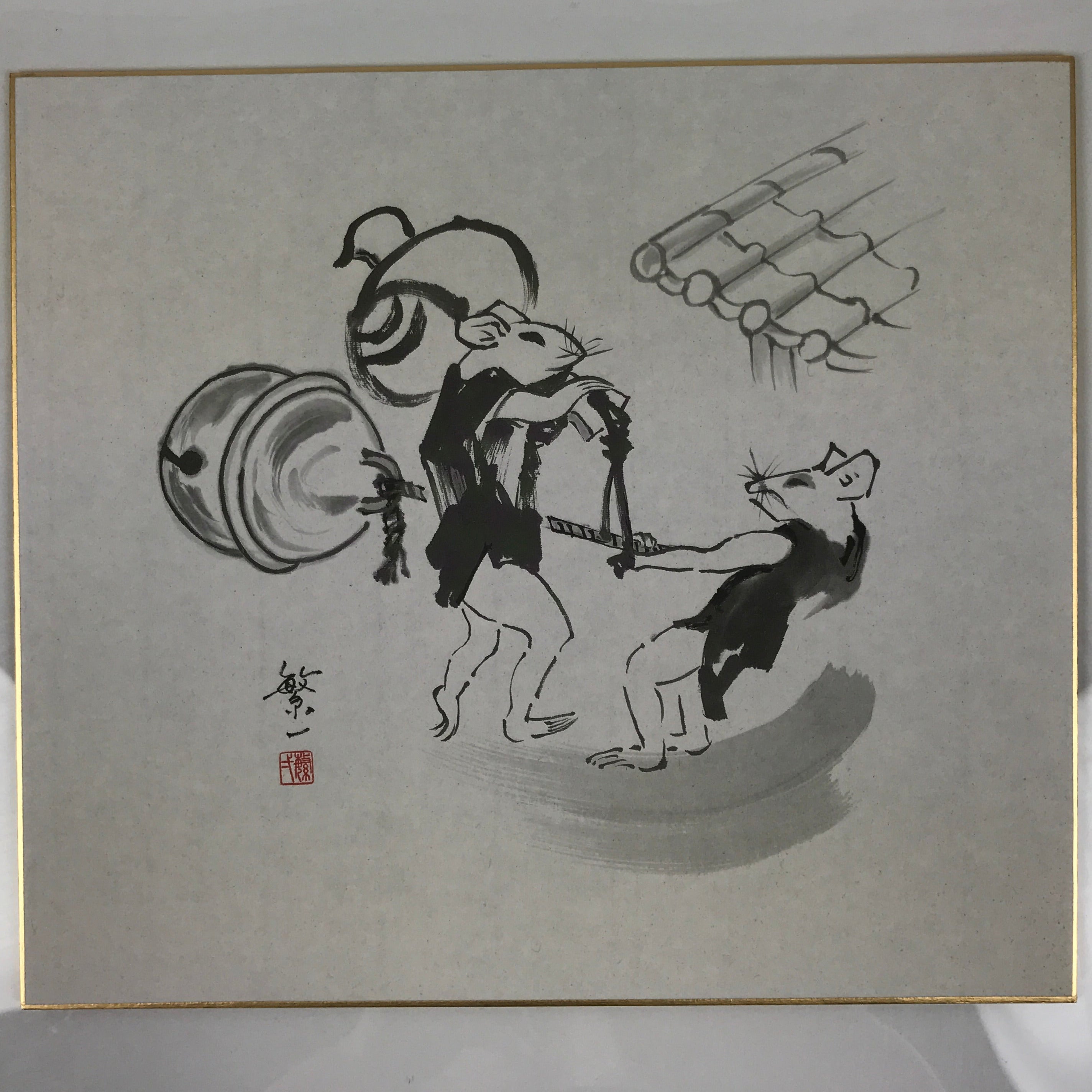 Japanese Shikishi Art Board Reproduction Mouse Kimono Bell Mallet Black A812