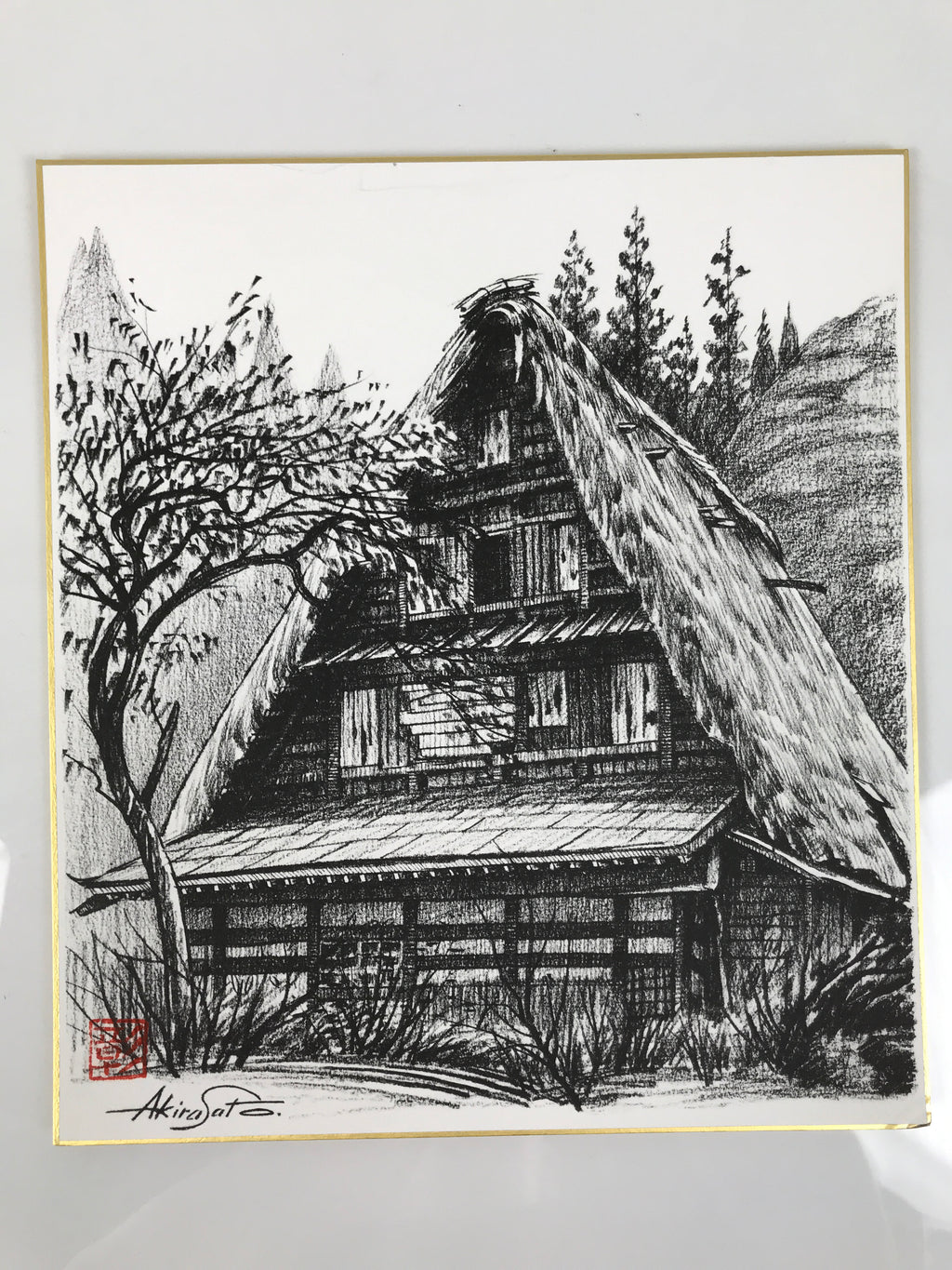 Japanese Shikishi Art Board Reproduction Shirakawa Village House Sketch A809