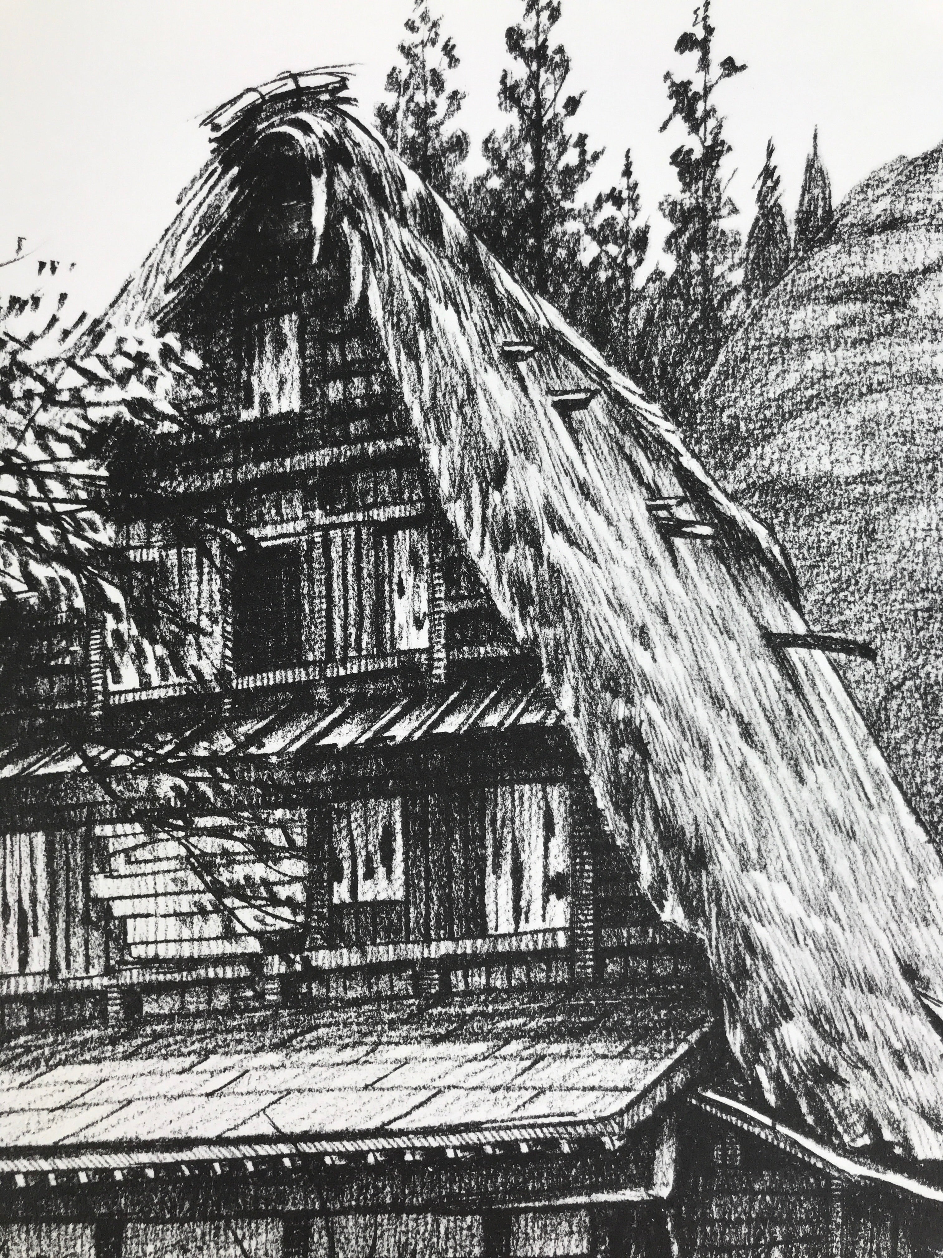 Japanese Shikishi Art Board Reproduction Shirakawa Village House Sketch A809