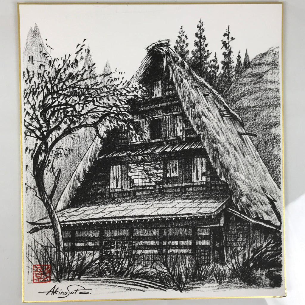 Japanese Shikishi Art Board Reproduction Shirakawa Village House Sketch A809