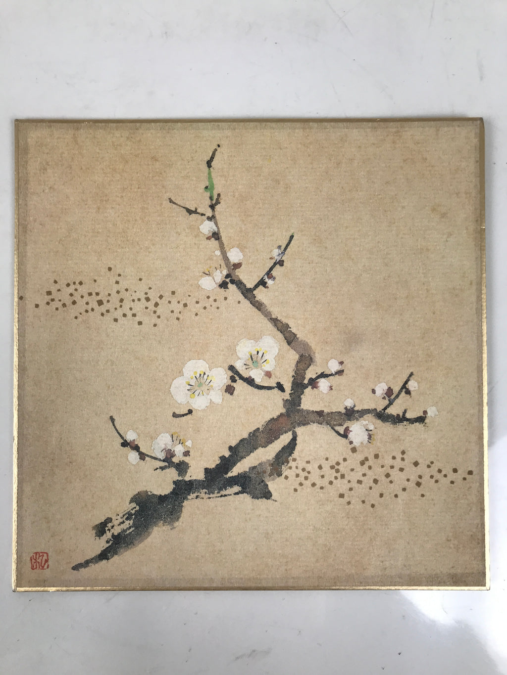 Japanese Shikishi Art Board Reproduction Vtg Plum Ume Flower Tree Branch A696