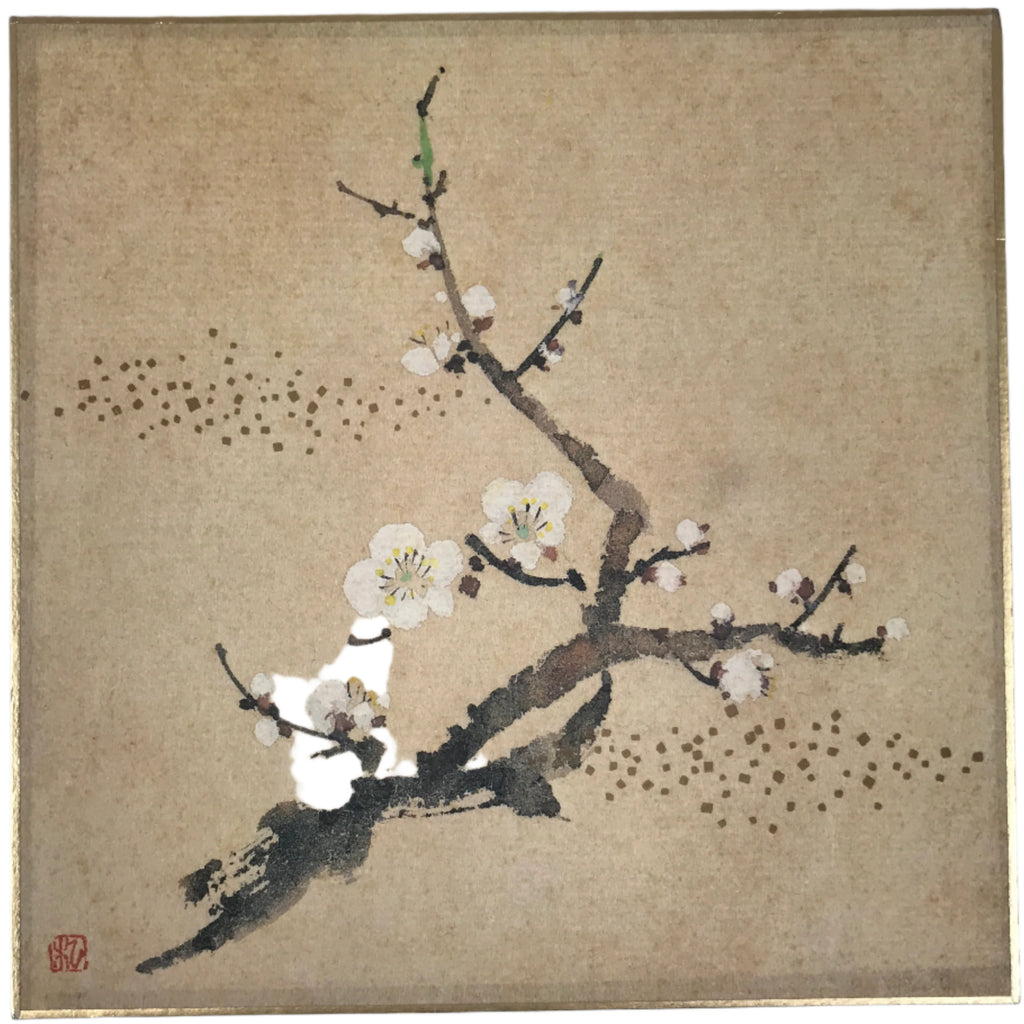 Japanese Shikishi Art Board Reproduction Vtg Plum Ume Flower Tree Branch A696