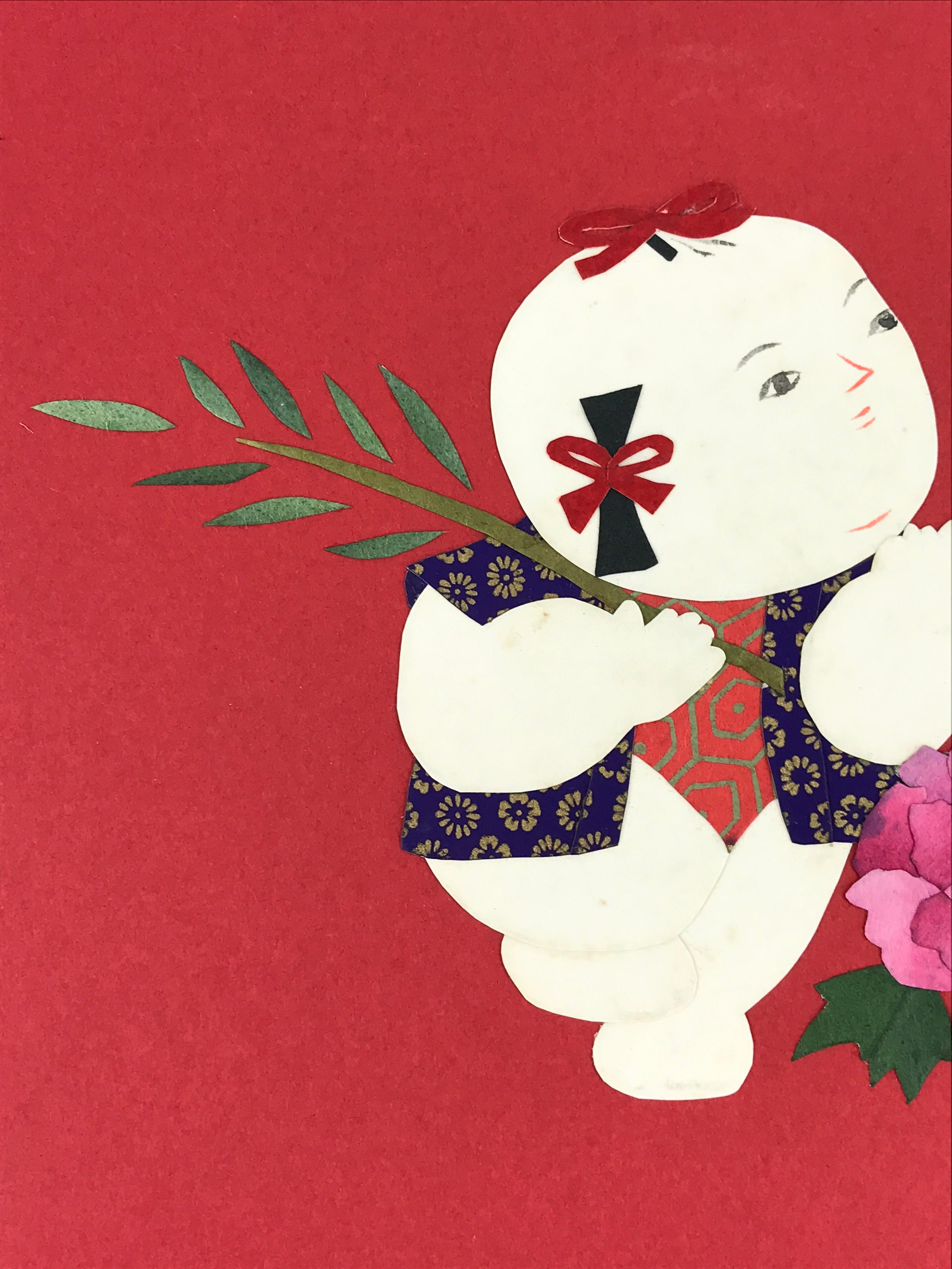 Japanese Shikishi Art Board Two Children Vtg Kirigami Red Background A536