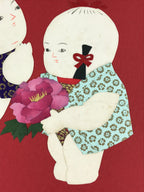 Japanese Shikishi Art Board Two Children Vtg Kirigami Red Background A536