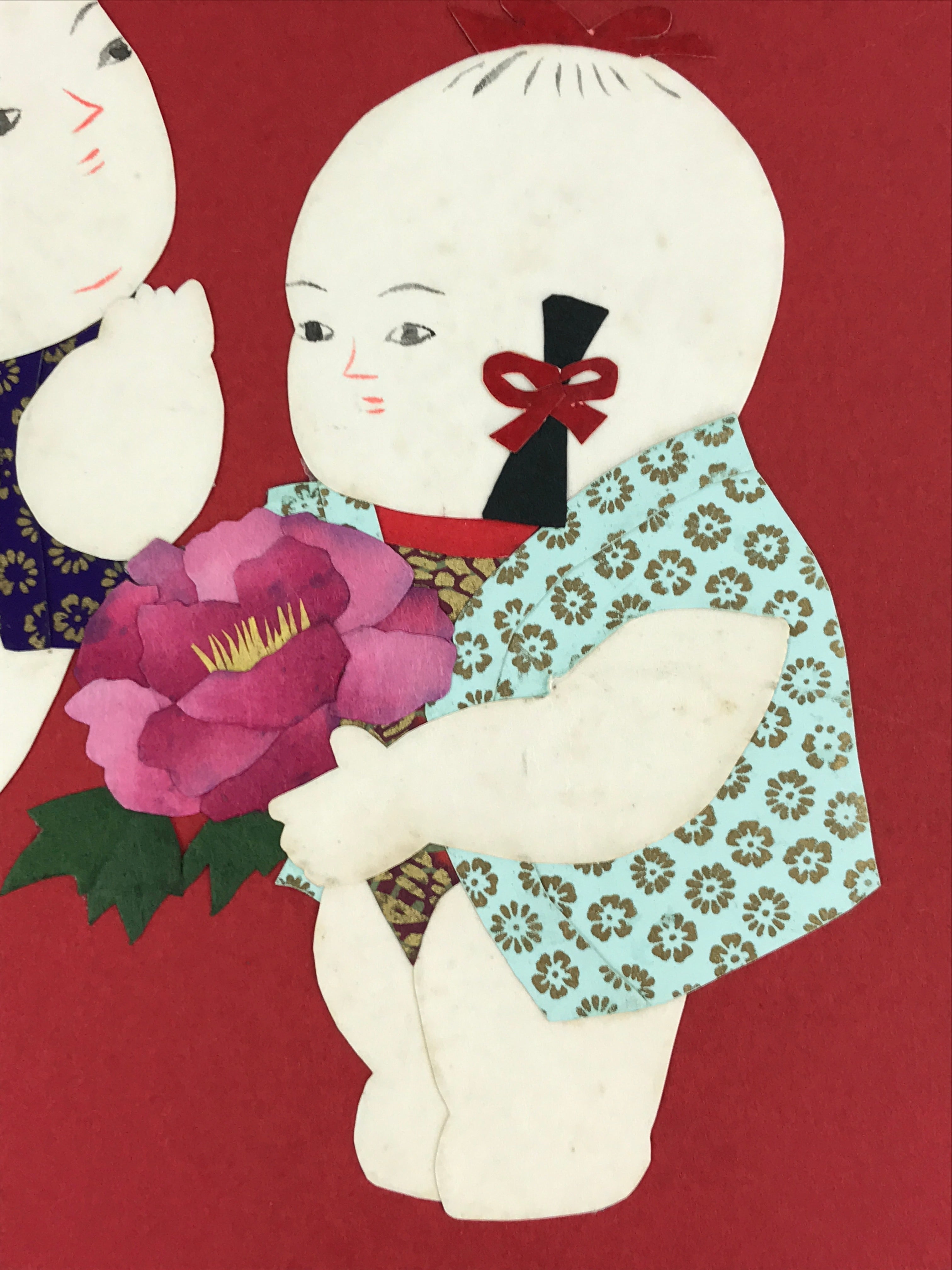 Japanese Shikishi Art Board Two Children Vtg Kirigami Red Background A536