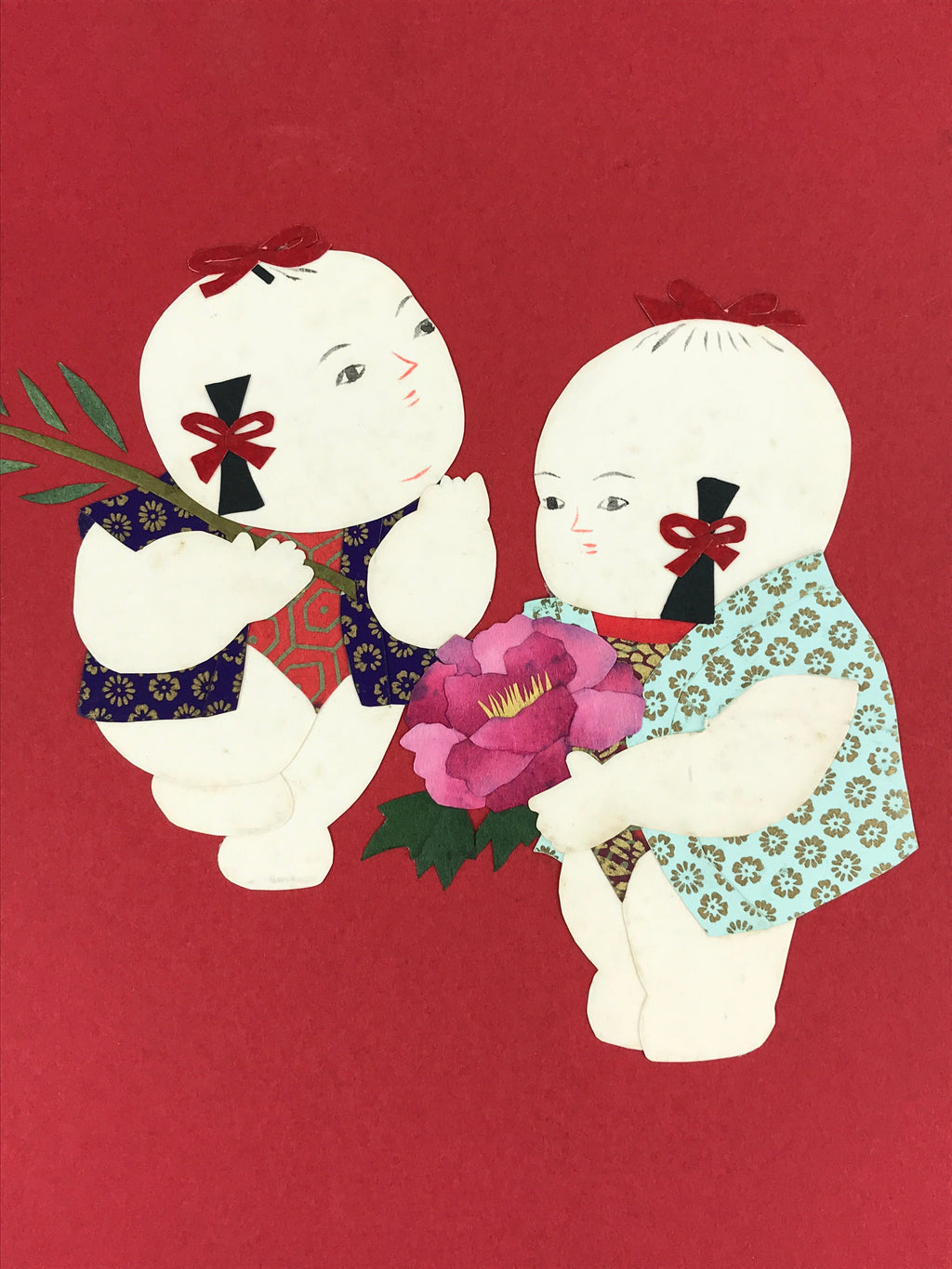 Japanese Shikishi Art Board Two Children Vtg Kirigami Red Background A536