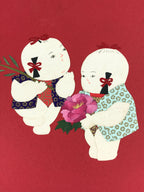 Japanese Shikishi Art Board Two Children Vtg Kirigami Red Background A536