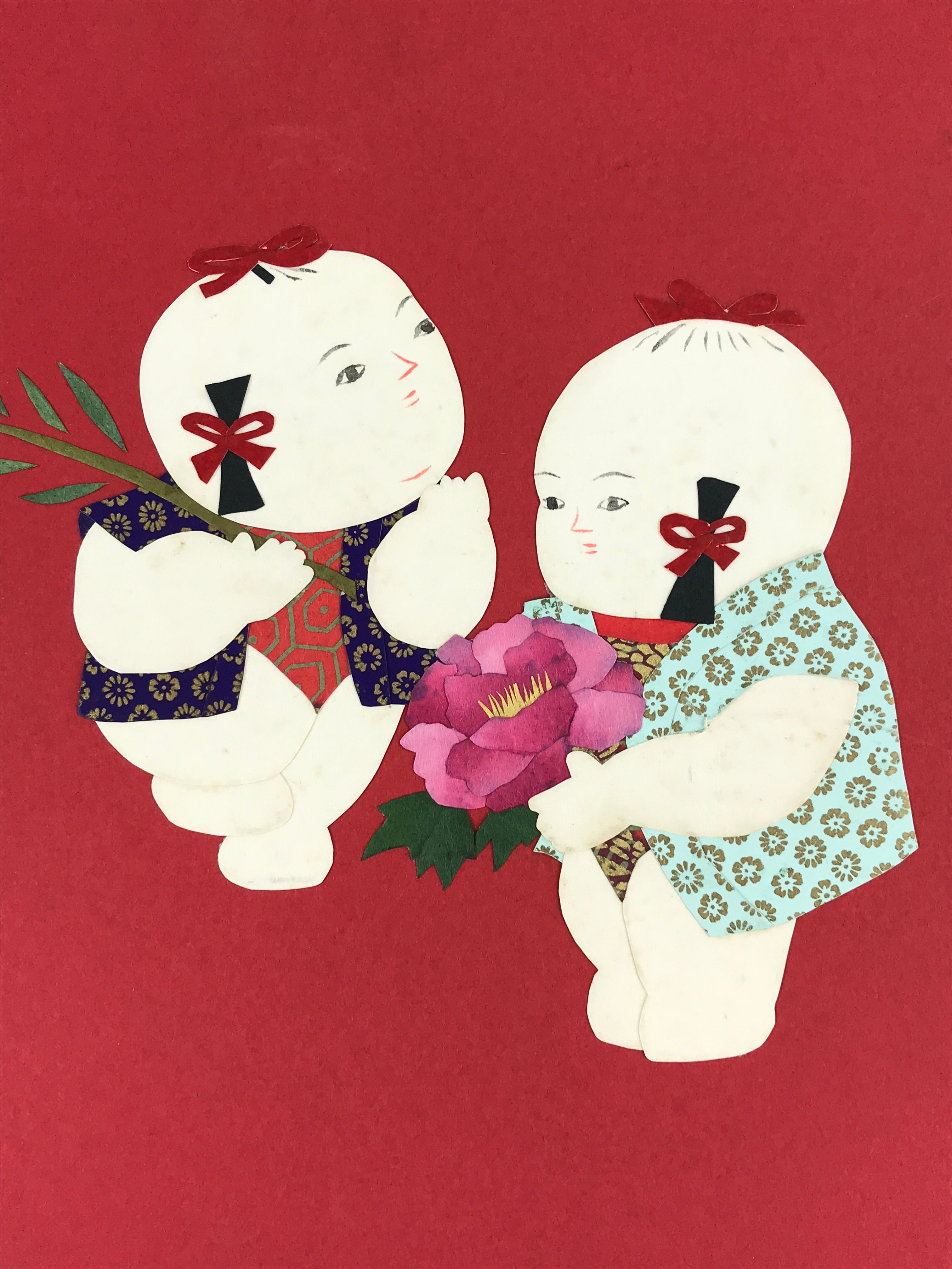 Japanese Shikishi Art Board Two Children Vtg Kirigami Red Background A536