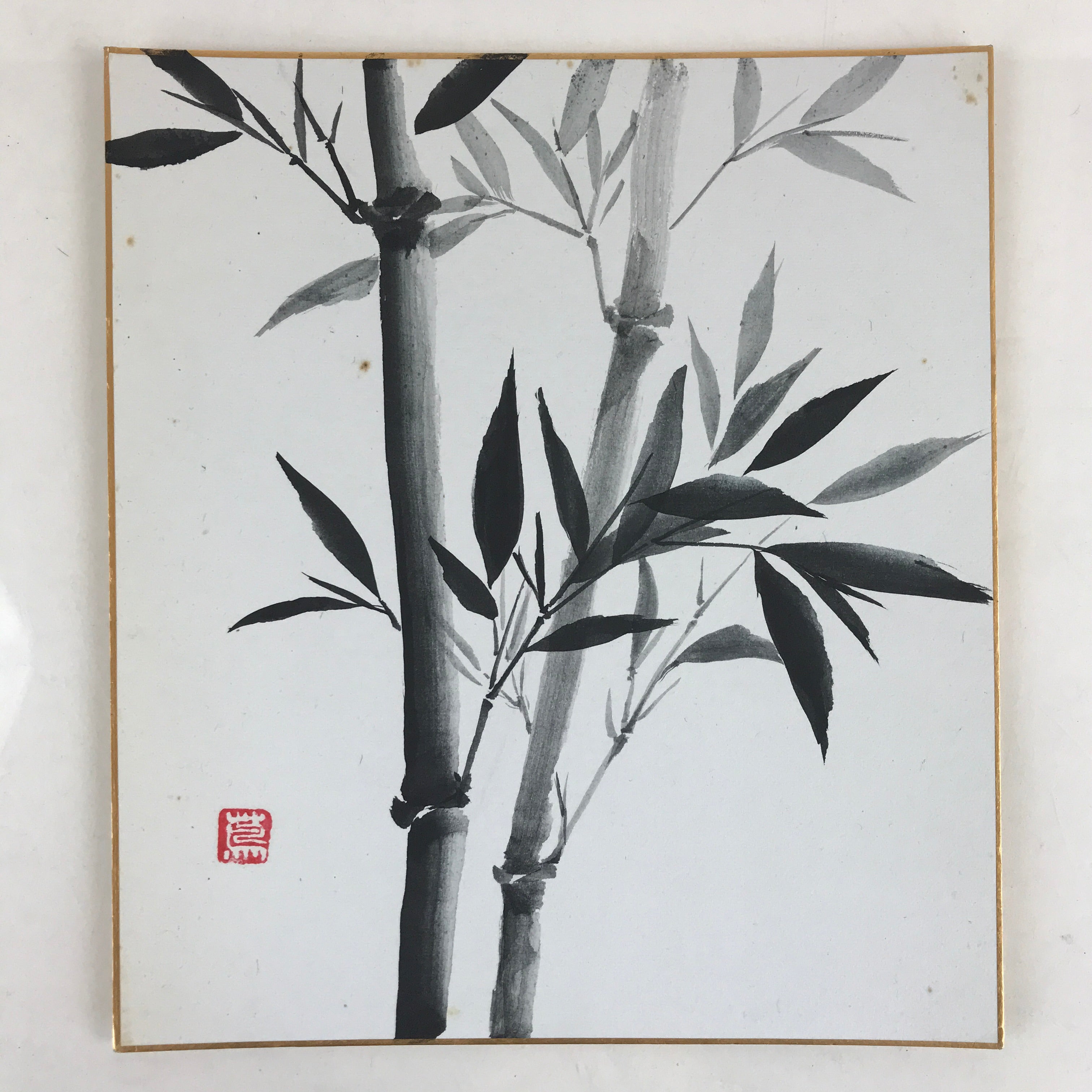 Japanese Shikishi Art Board Vtg Art Painting Nihonga Picture Display Black Bambo