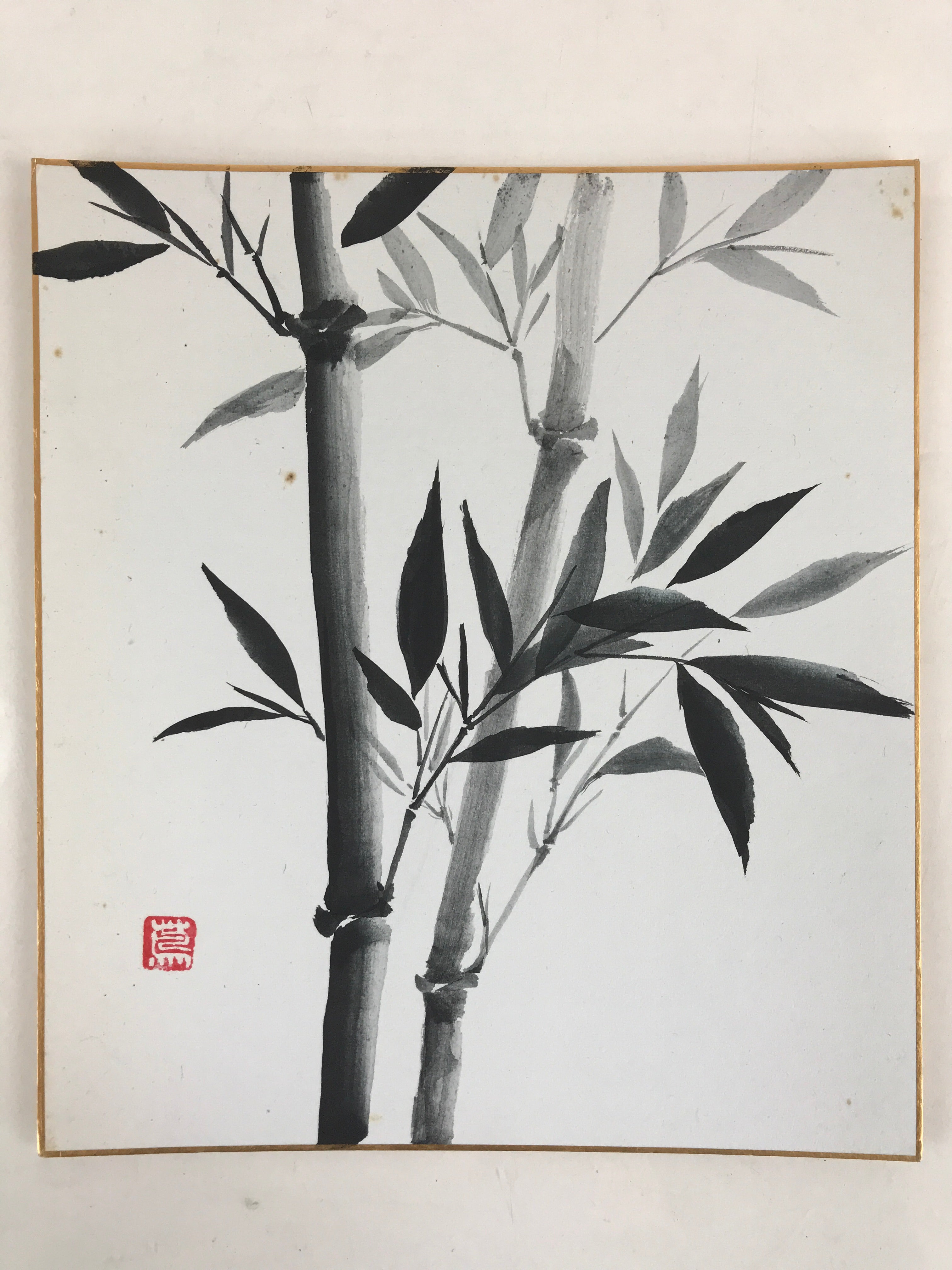 Japanese Shikishi Art Board Vtg Art Painting Nihonga Picture Display Black Bambo