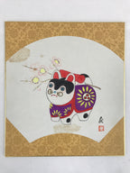 Japanese Shikishi Art Board Vtg Art Painting Nihonga Picture Display Cat Clay Be