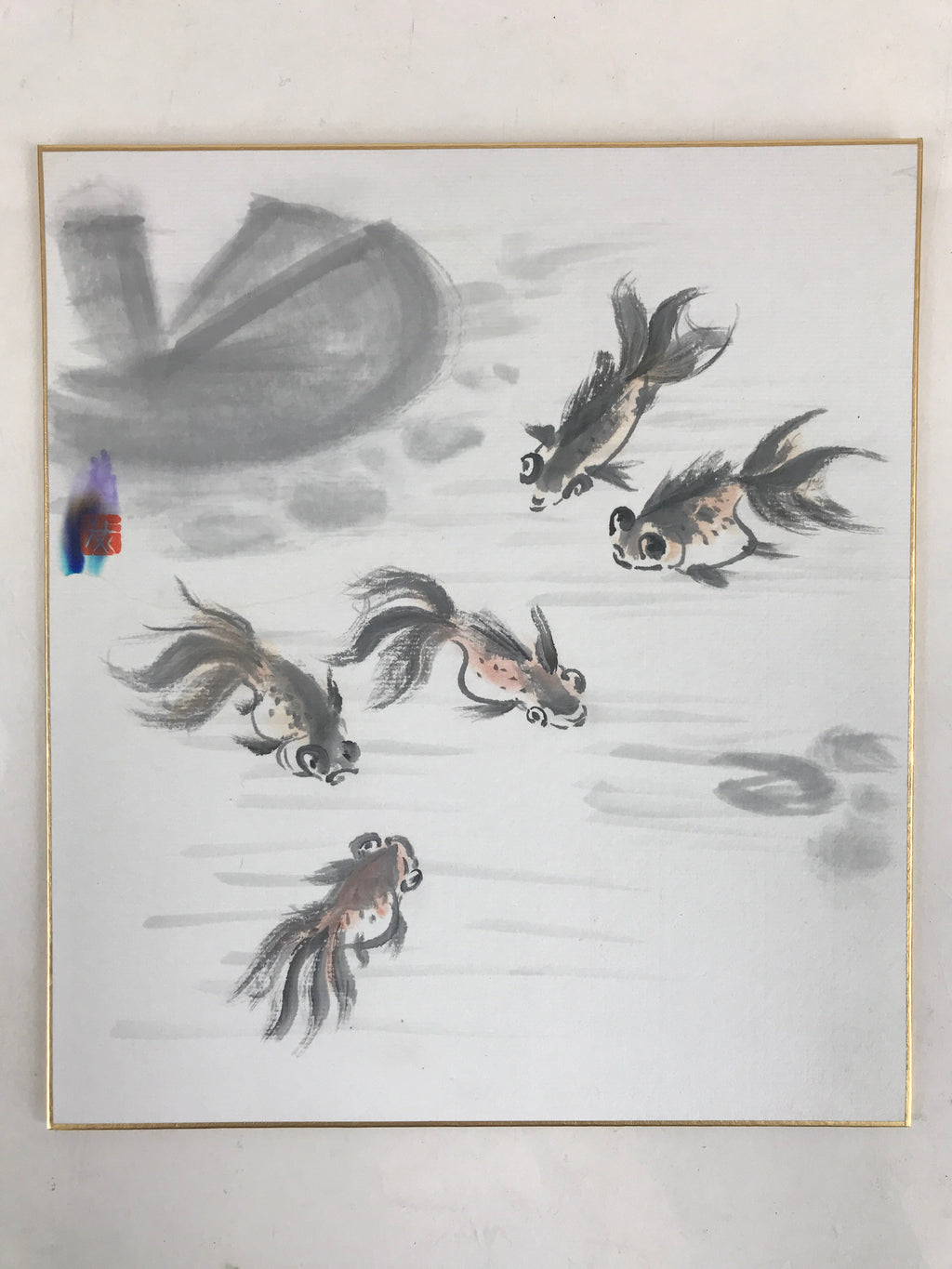 Japanese Shikishi Art Board Vtg Art Painting Nihonga Picture Display Goldfish A5