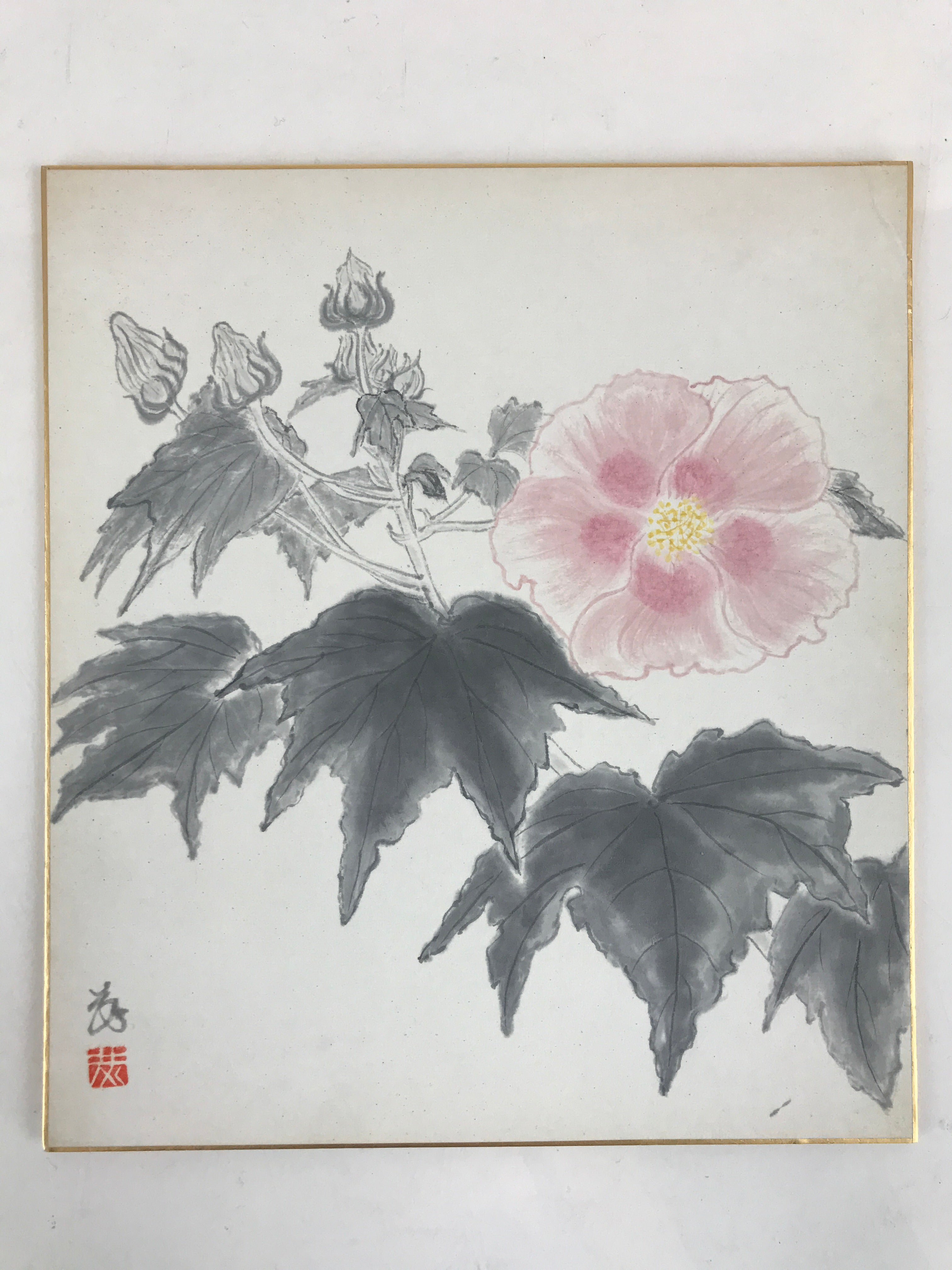 Japanese Shikishi Art Board Vtg Art Painting Nihonga Picture Display Hibiscus A5