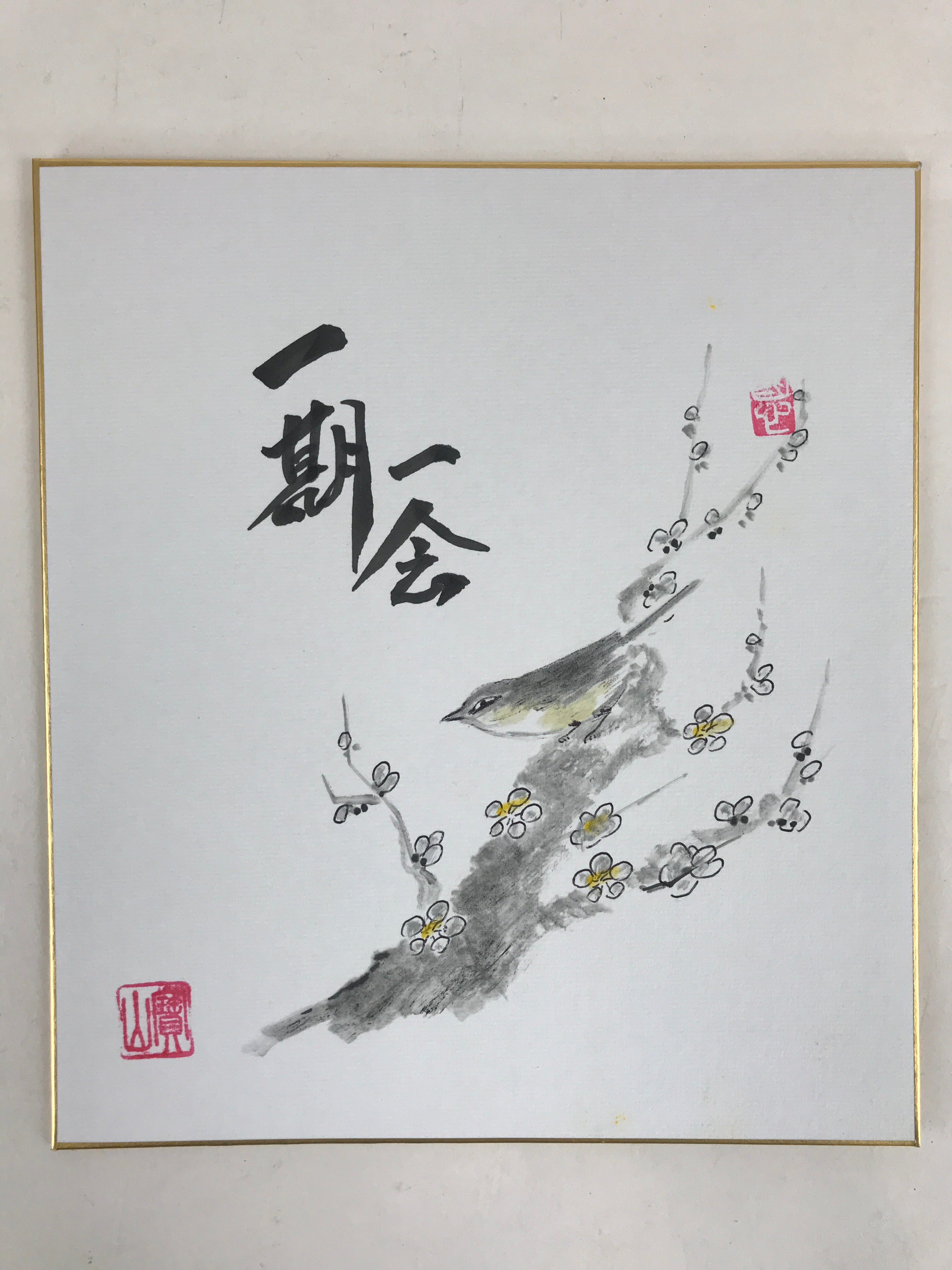 Japanese Shikishi Art Board Vtg Art Painting Nihonga Picture Display Little Bird