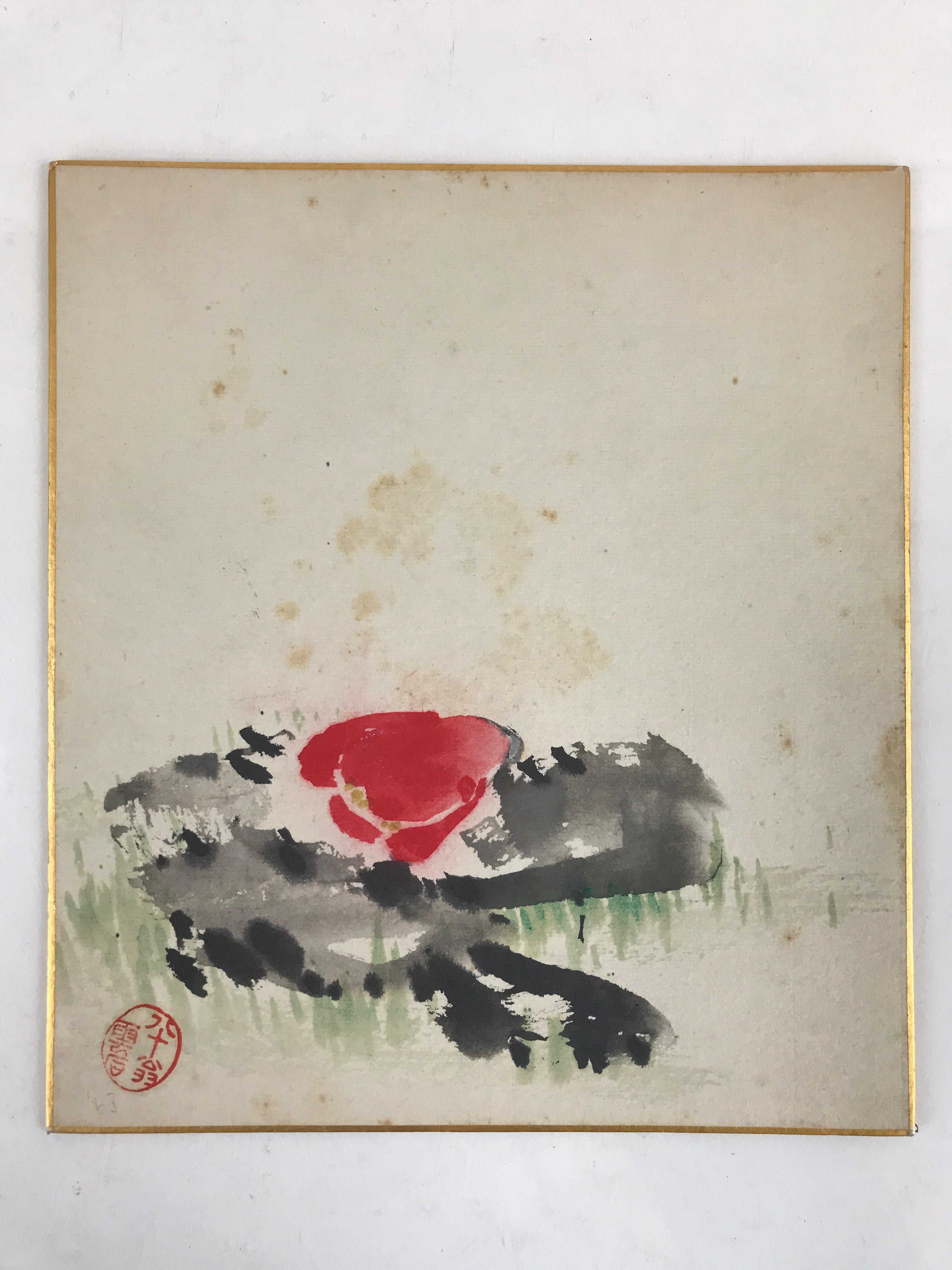 Japanese Shikishi Art Board Vtg Art Painting Nihonga Picture Display Red Flower