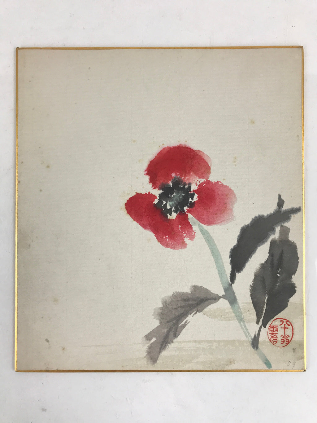 Japanese Shikishi Art Board Vtg Art Painting Nihonga Picture Display Red Flower
