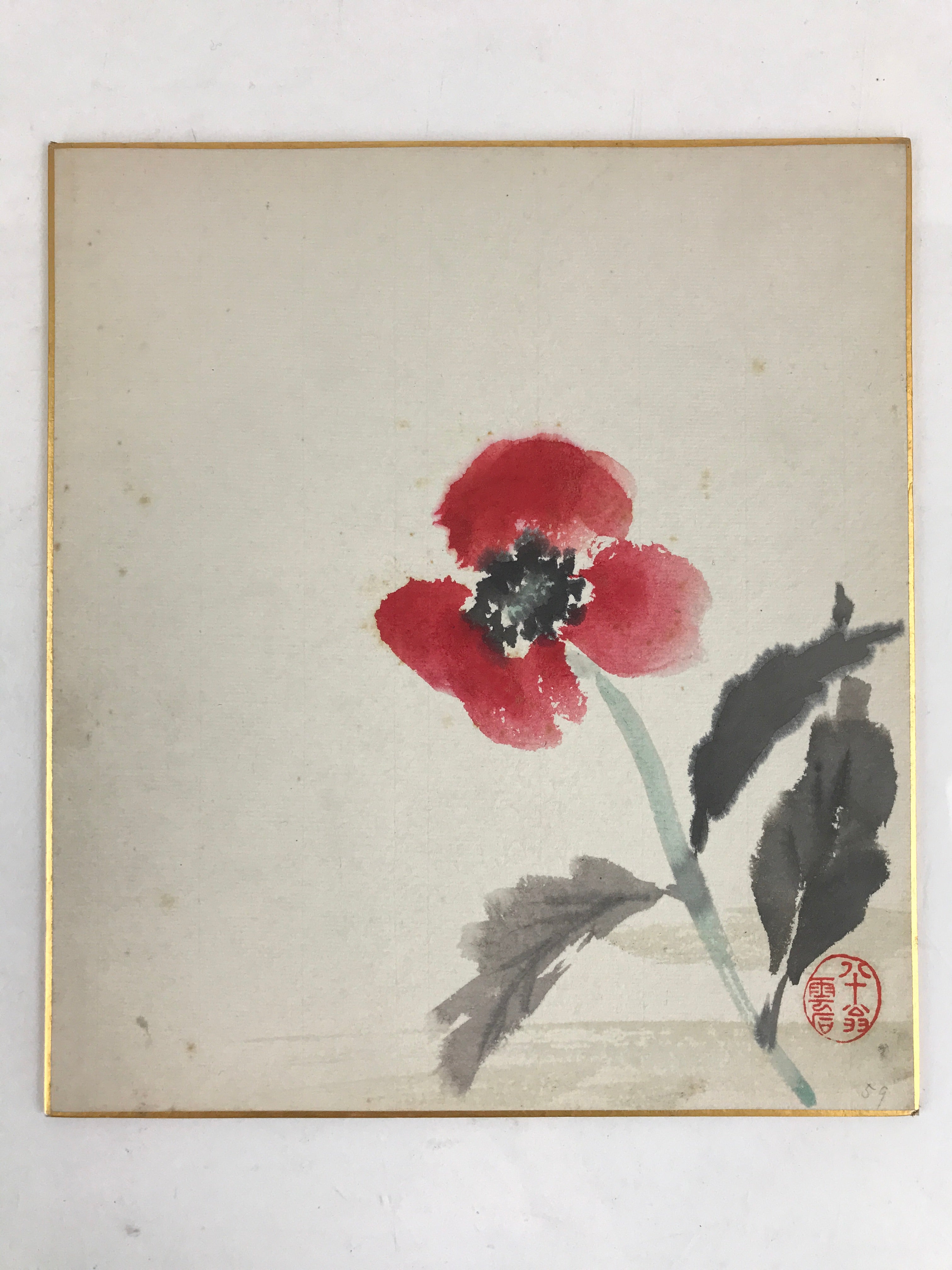 Japanese Shikishi Art Board Vtg Art Painting Nihonga Picture Display Red Flower