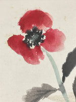 Japanese Shikishi Art Board Vtg Art Painting Nihonga Picture Display Red Flower