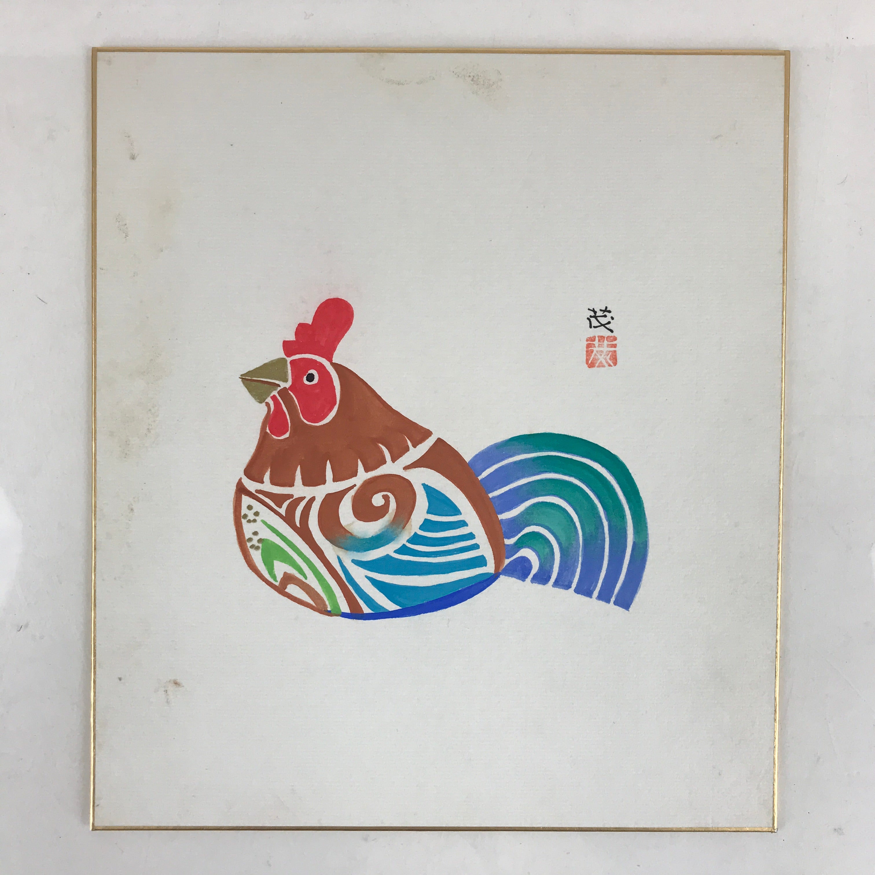 Japanese Shikishi Art Board Vtg Art Painting Nihonga Picture Display Zodiac Roos