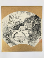 Japanese Shikishi Art Board Vtg Bridge River Village Landscape Black White A622