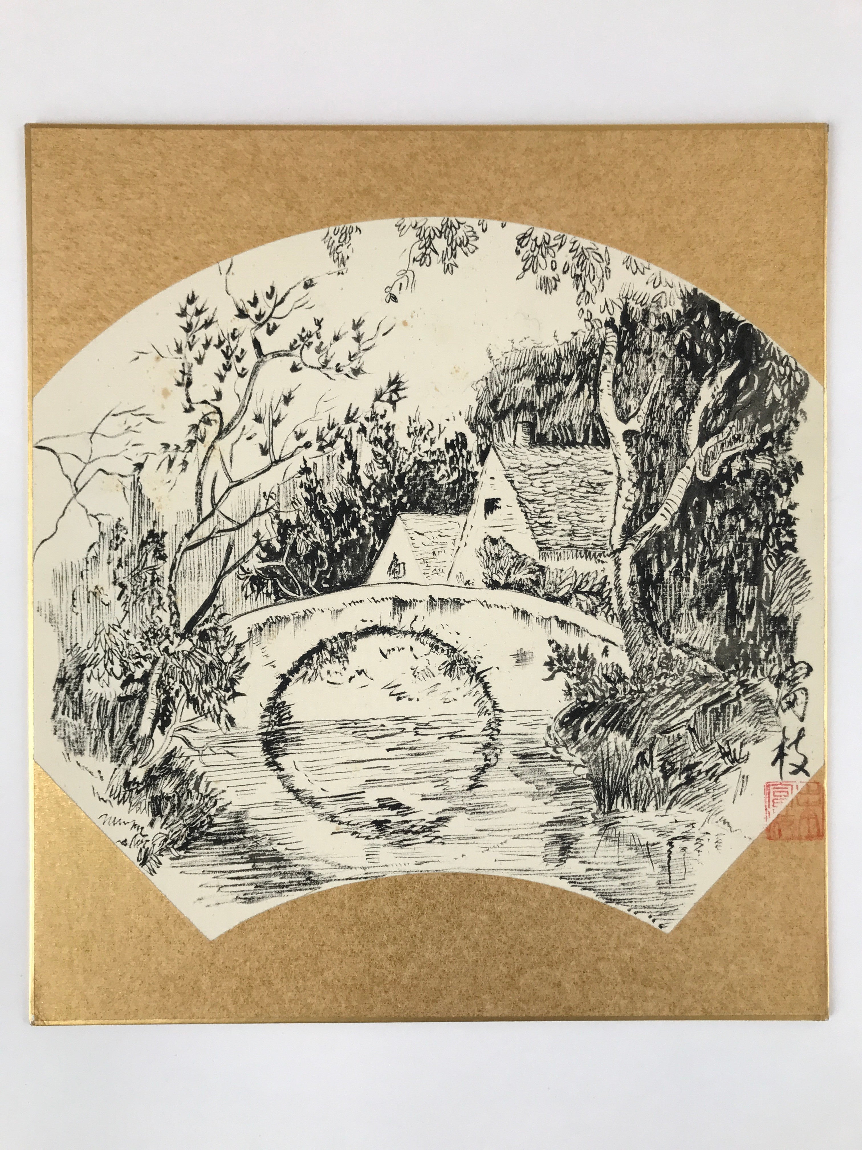 Japanese Shikishi Art Board Vtg Bridge River Village Landscape Black White A622
