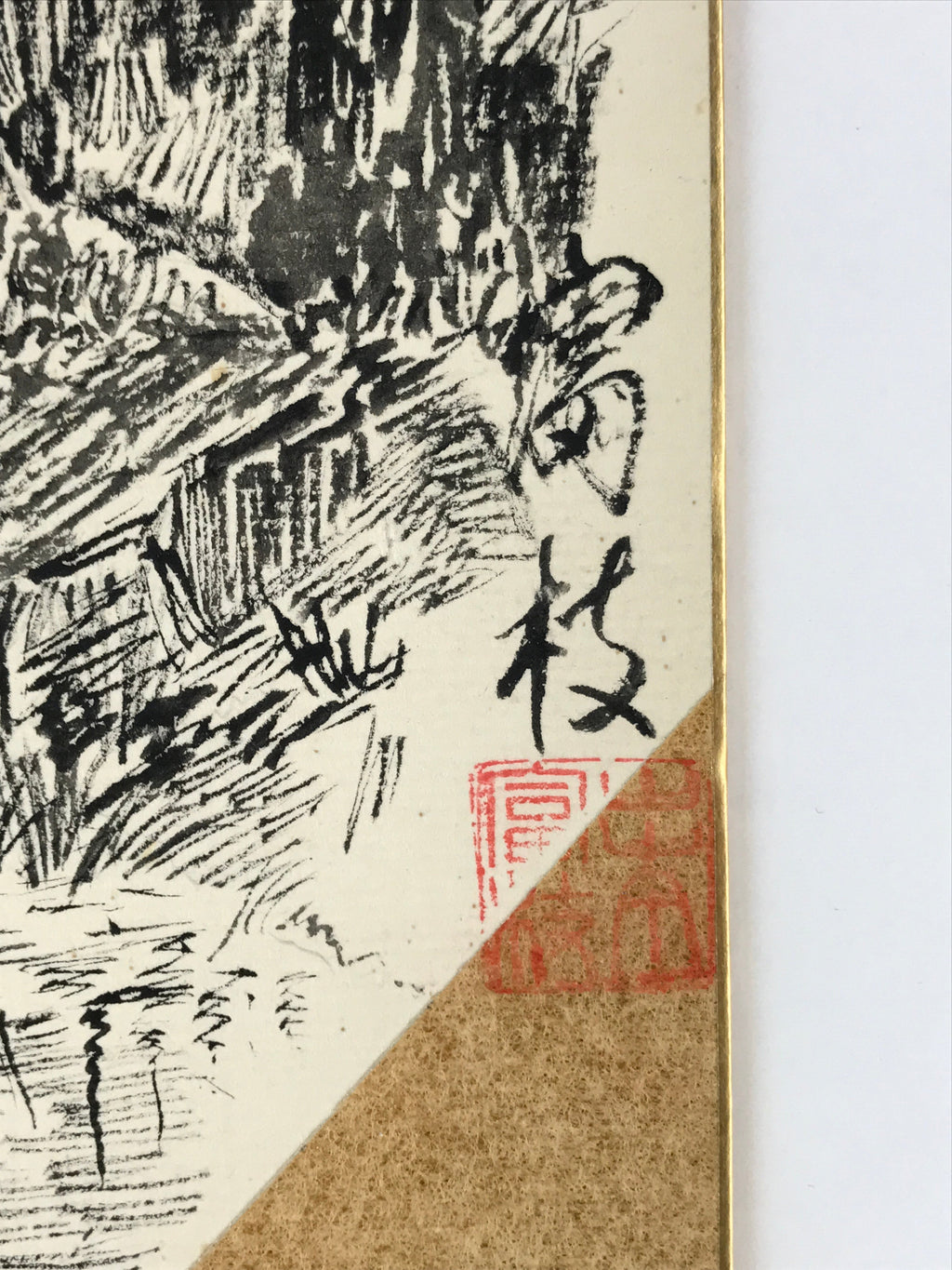 Japanese Shikishi Art Board Vtg Bridge River Village Landscape Black White A622