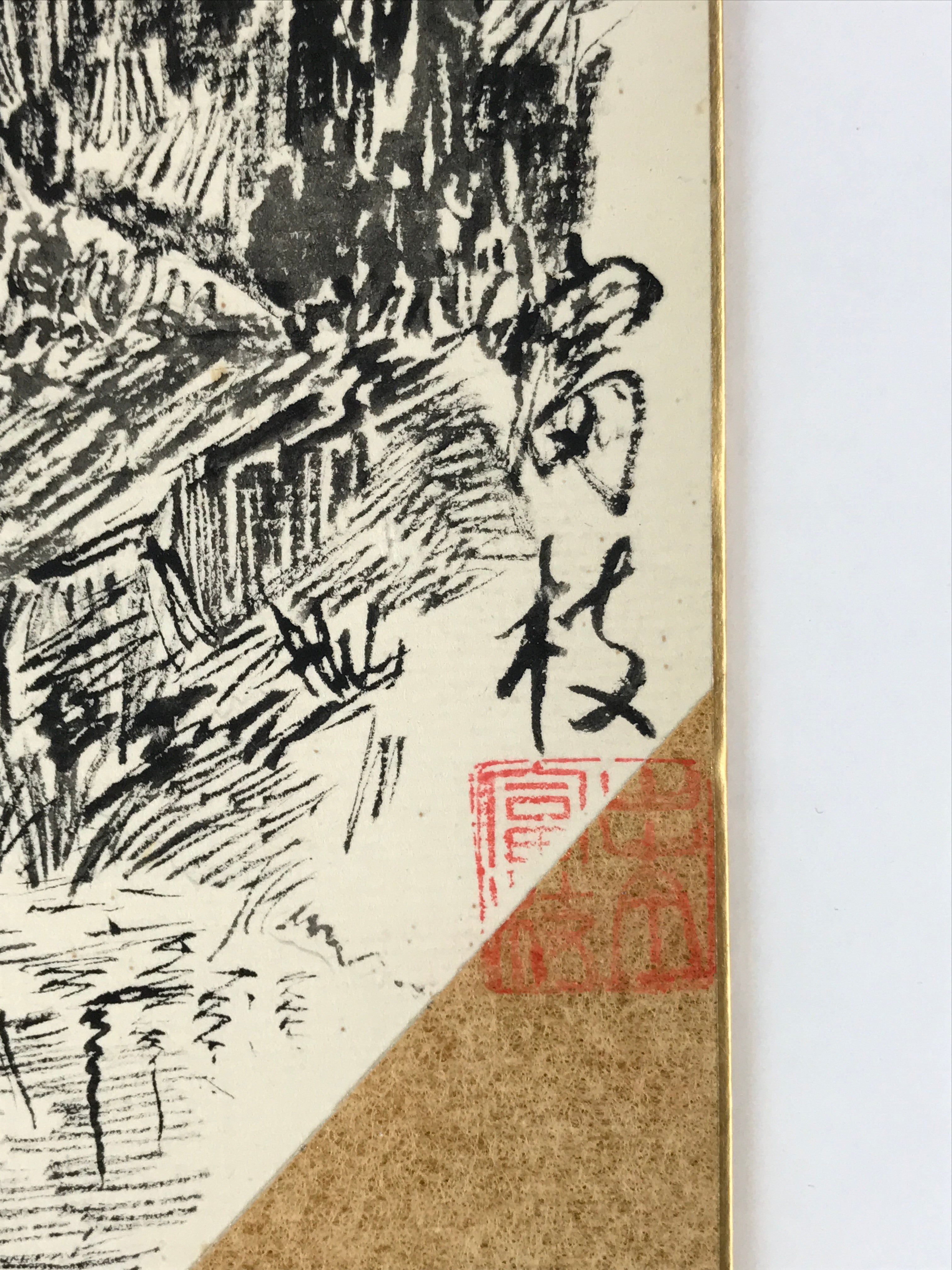 Japanese Shikishi Art Board Vtg Bridge River Village Landscape Black White A622
