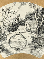 Japanese Shikishi Art Board Vtg Bridge River Village Landscape Black White A622
